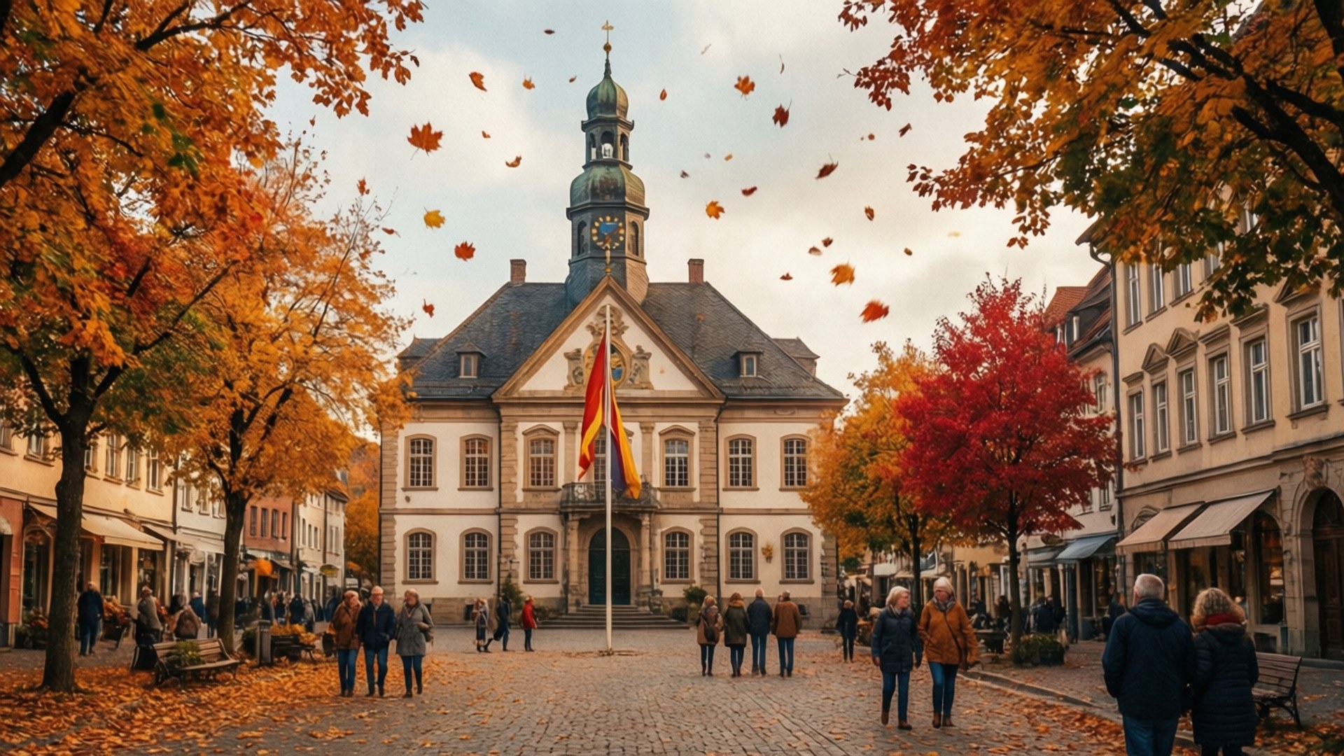 Autumn Town Square 壁紙 — 秋葉在鵝卵石小鎮廣場中旋轉，周圍環繞著鮮豔的橙色和紅色樹木，中央有一座歷史建築。
