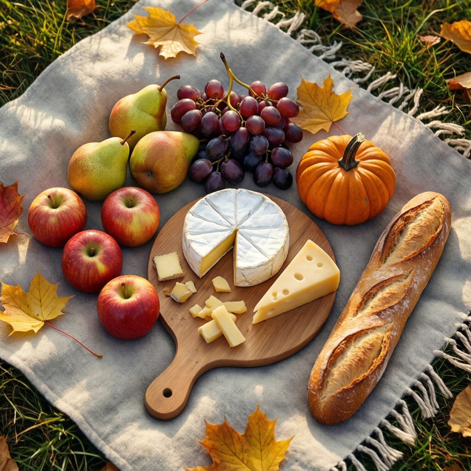 Fall Picnic Spread 壁紙 — 秋季野餐，有蘋果、梨、葡萄、起司、麵包和南瓜，放在毯子上，伴有落葉。