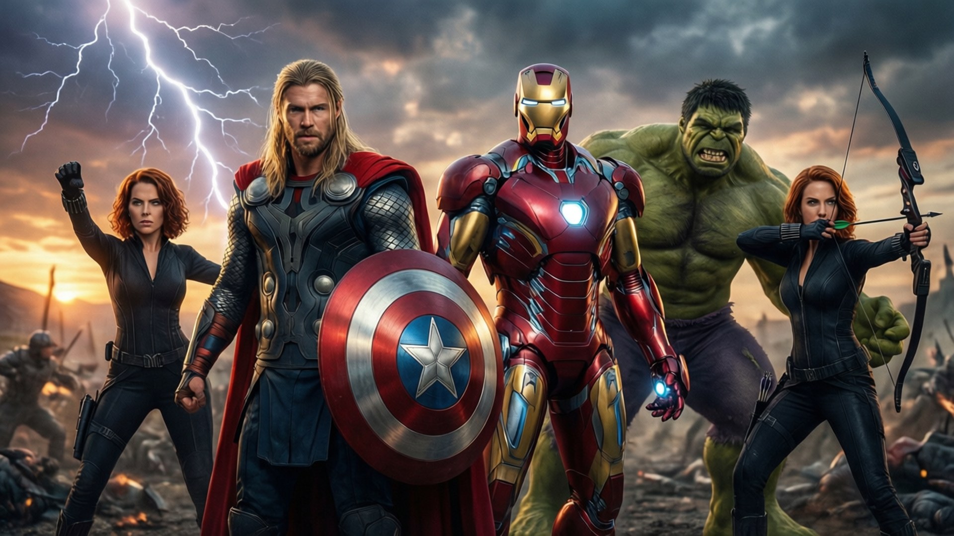 Mcu Characters 桌布 壁紙 — 復仇者聯盟英雄在暴風雨的天空下準備戰鬥，身後有閃電劃過。