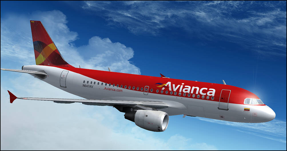 Plane 桌布 壁紙 — Avianca 客機在明亮的藍天中翱翔，機身紅白相間，下方有蓬鬆的白雲。
