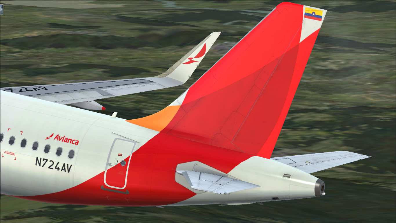 Plane 桌布 壁紙 — Avianca 飛機飛行中的特寫，帶有紅色尾翼和下方的綠色景觀。