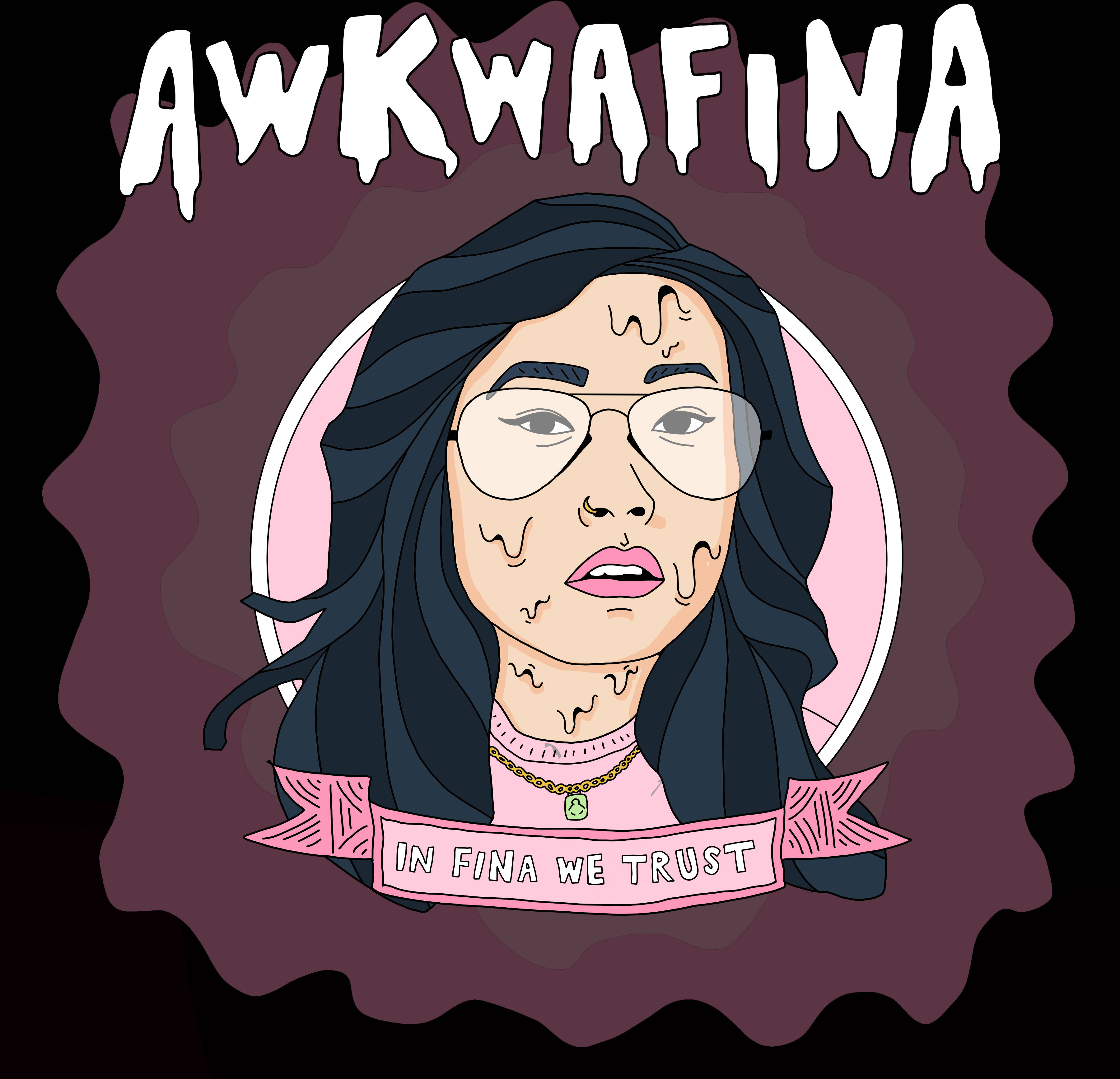 Awkwafina 桌布 壁紙 — Awkwafina 的風格化卡通肖像，戴著眼鏡，在栗色背景上有一個粉紅色橫幅寫著「IN FINA WE TRUST」。