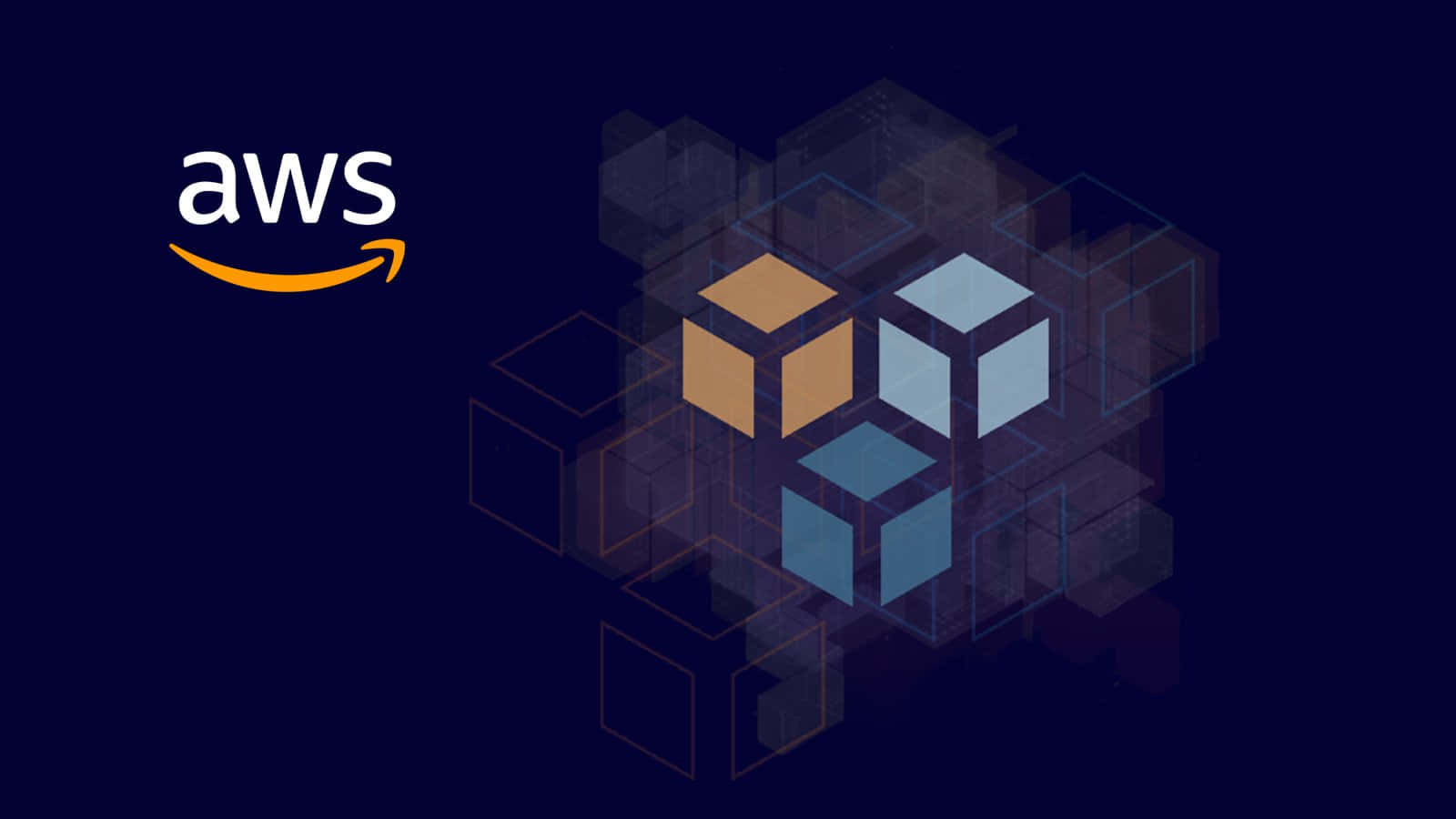 亞馬遜 桌布 壁紙 — AWS 標誌，帶有發光立方體漂浮在深藍色背景上，以數位藝術風格呈現。
