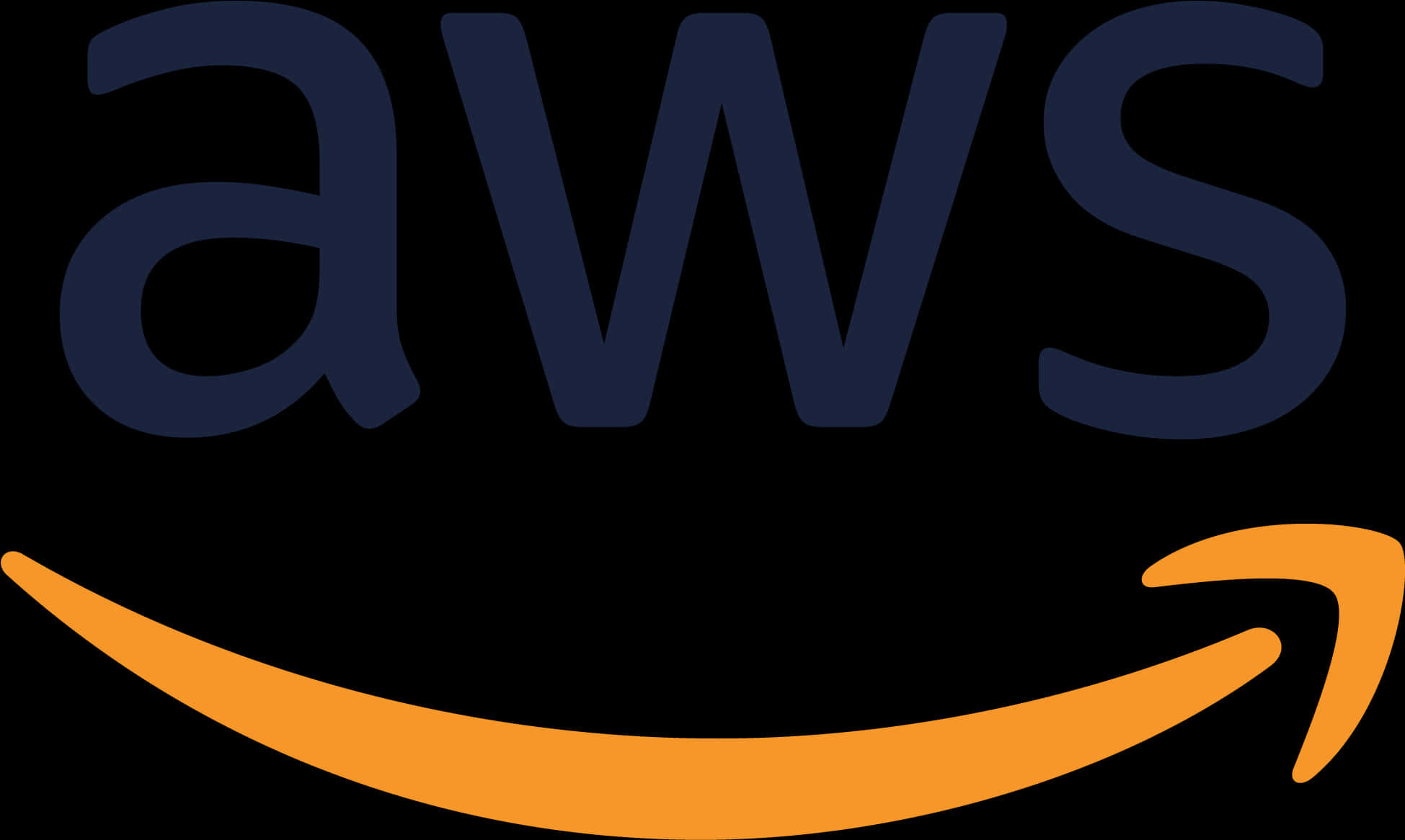 亞馬遜 桌布 壁紙 — AWS 標誌以黑色背景上的粗體深藍色字母和橙色箭頭微笑為特色。