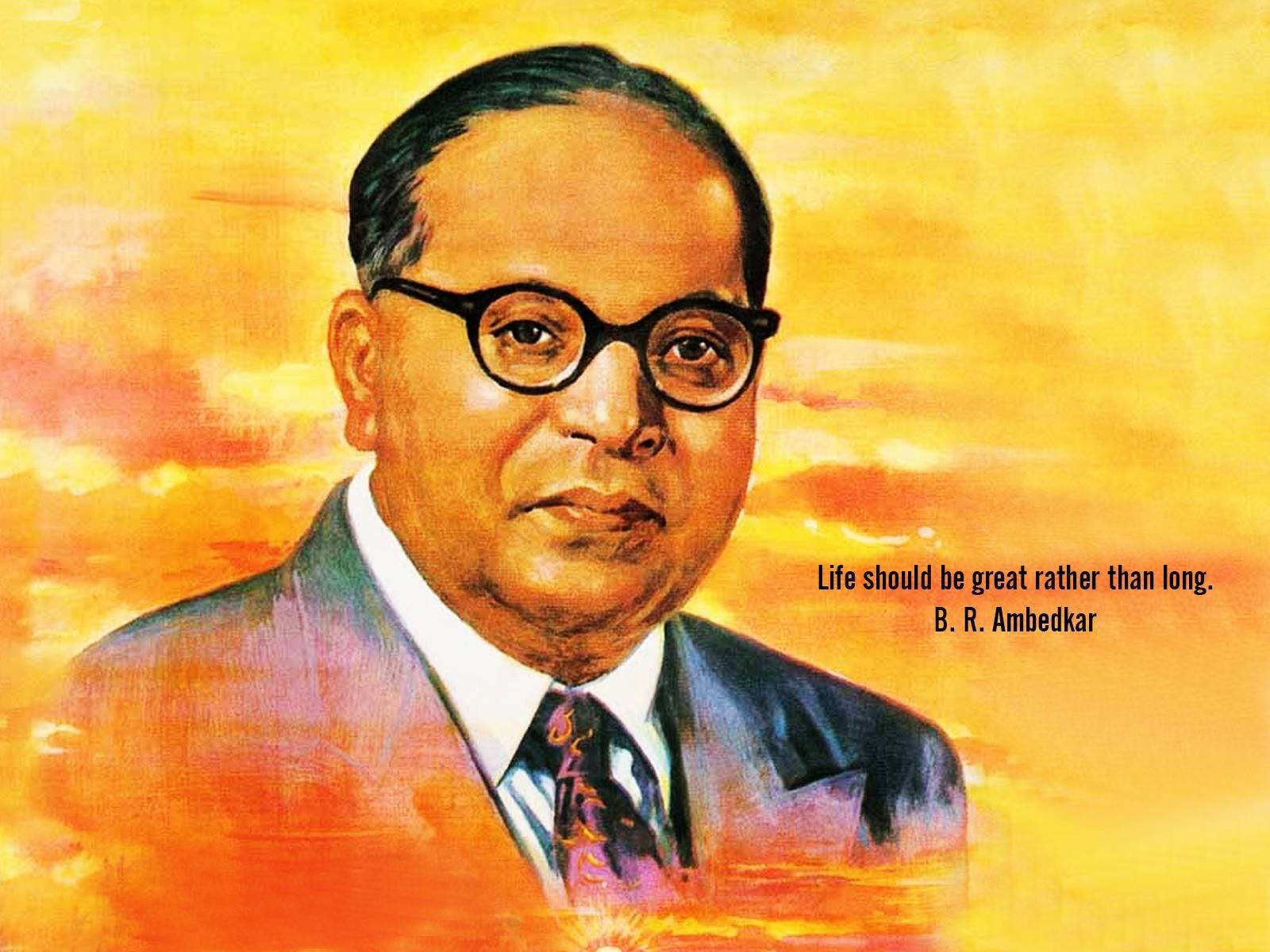 Dr Babasaheb Ambedkar 桌布 壁紙 — B R 安貝德卡穿著西裝和眼鏡的肖像，背景是鮮豔的橙黃色塗鴉，附有他的名言。