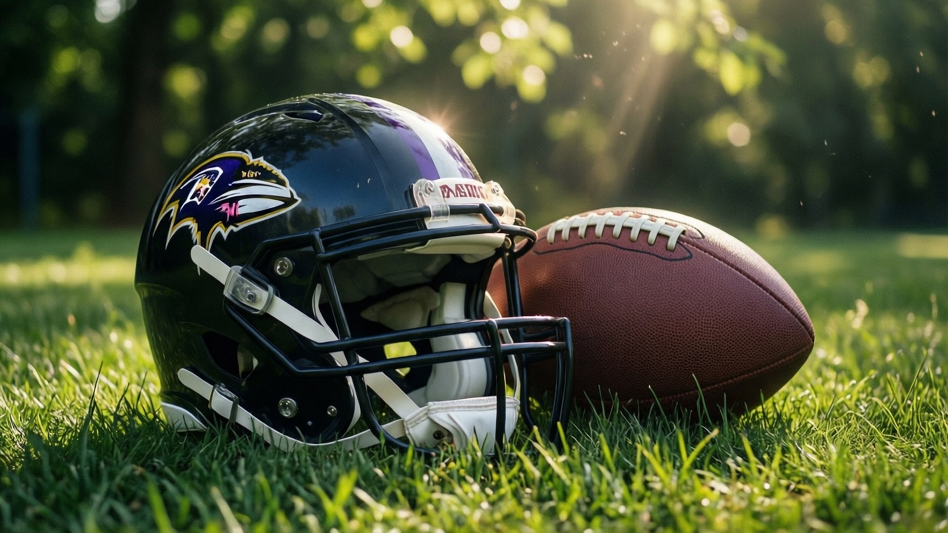Game Day Still Life 壁紙 — 巴爾的摩烏鴉隊的足球頭盔和球放在陽光照耀的草地上，樹葉間篩下斑駁的光影。