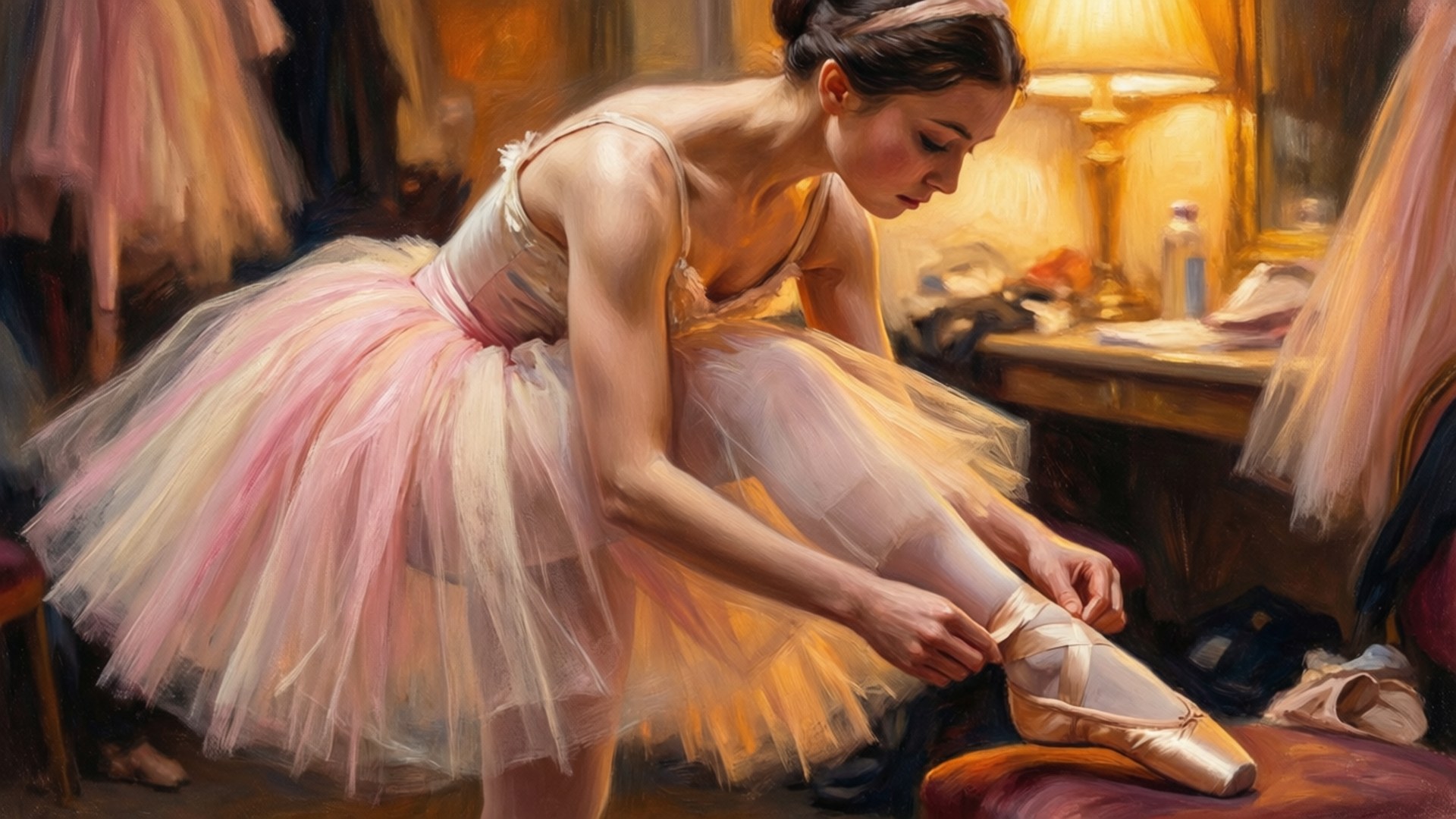 Ballerina Adjusting Shoe 壁紙 — 一位穿著粉紅色芭蕾舞裙的芭蕾舞者在溫暖的舞台燈光下，在雜亂的更衣室裡繫她的足尖鞋。