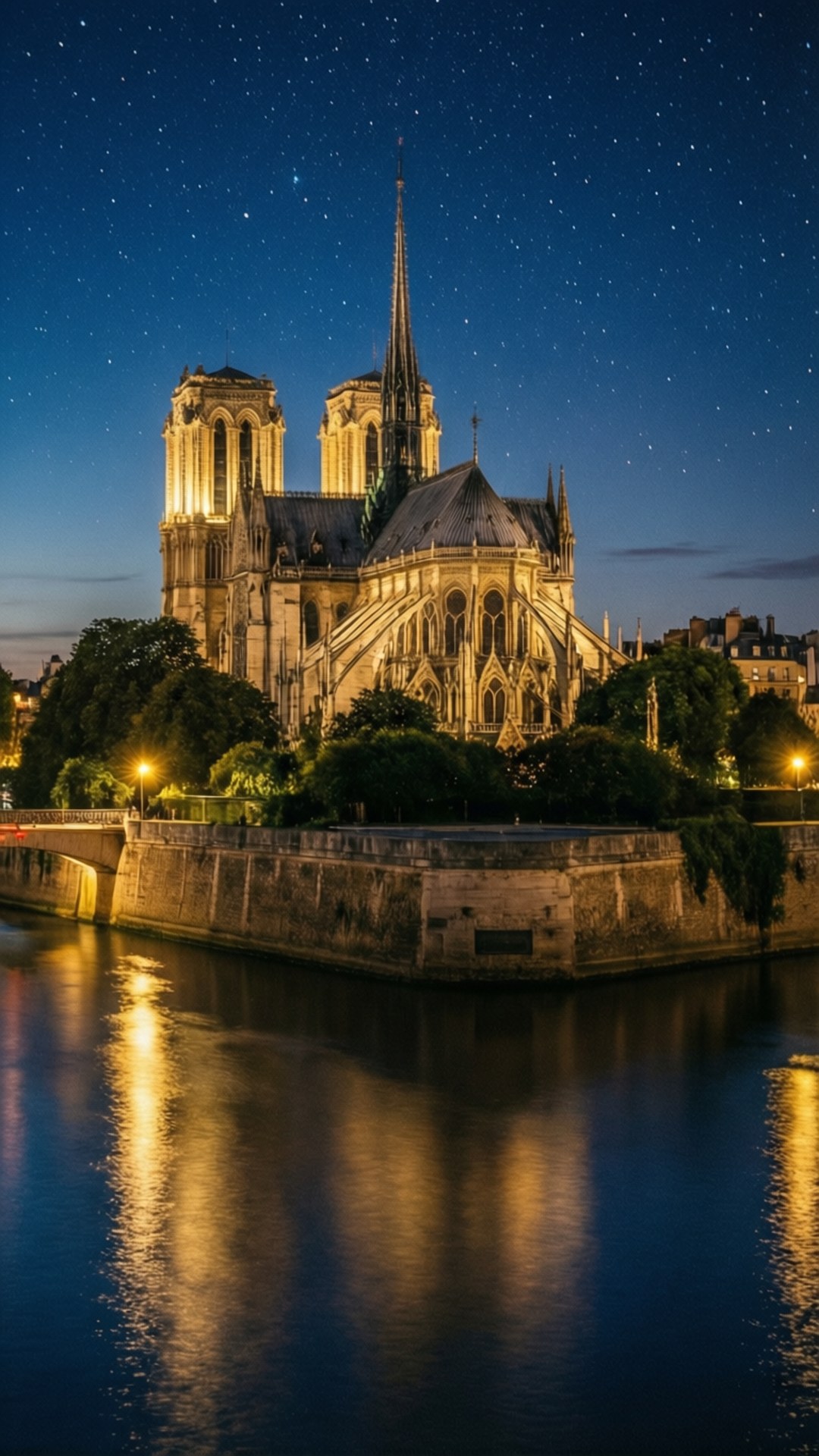 Notre Dame Night Reflection 壁紙 — 巴黎聖母院在繁星點點的夜空下溫暖地發光，其倒影在下面的塞納河上閃爍。