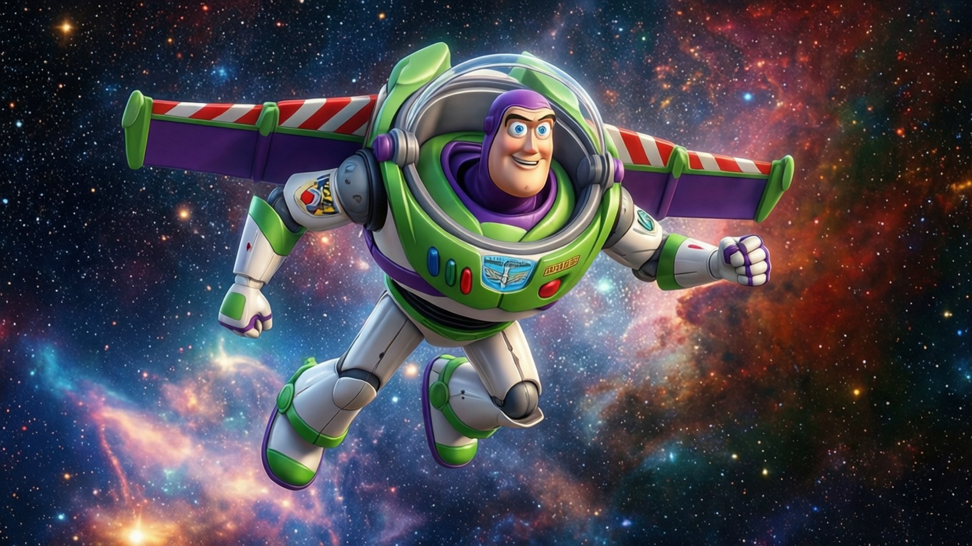 Buzz Lightyear Nebula Flight 壁紙 — 巴斯光年穿著綠色和紫色的太空服，自信地飛過充滿星星的充滿活力的宇宙星雲。