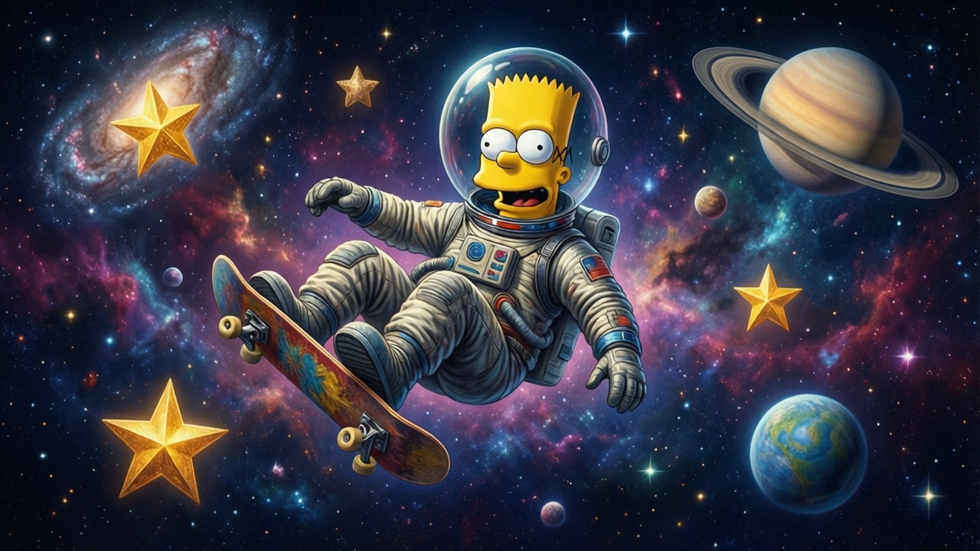 Bart in Space 壁紙 — 巴特·辛普森穿著太空衣踩滑板穿過充滿行星、星星和星系的充滿活力的宇宙場景。