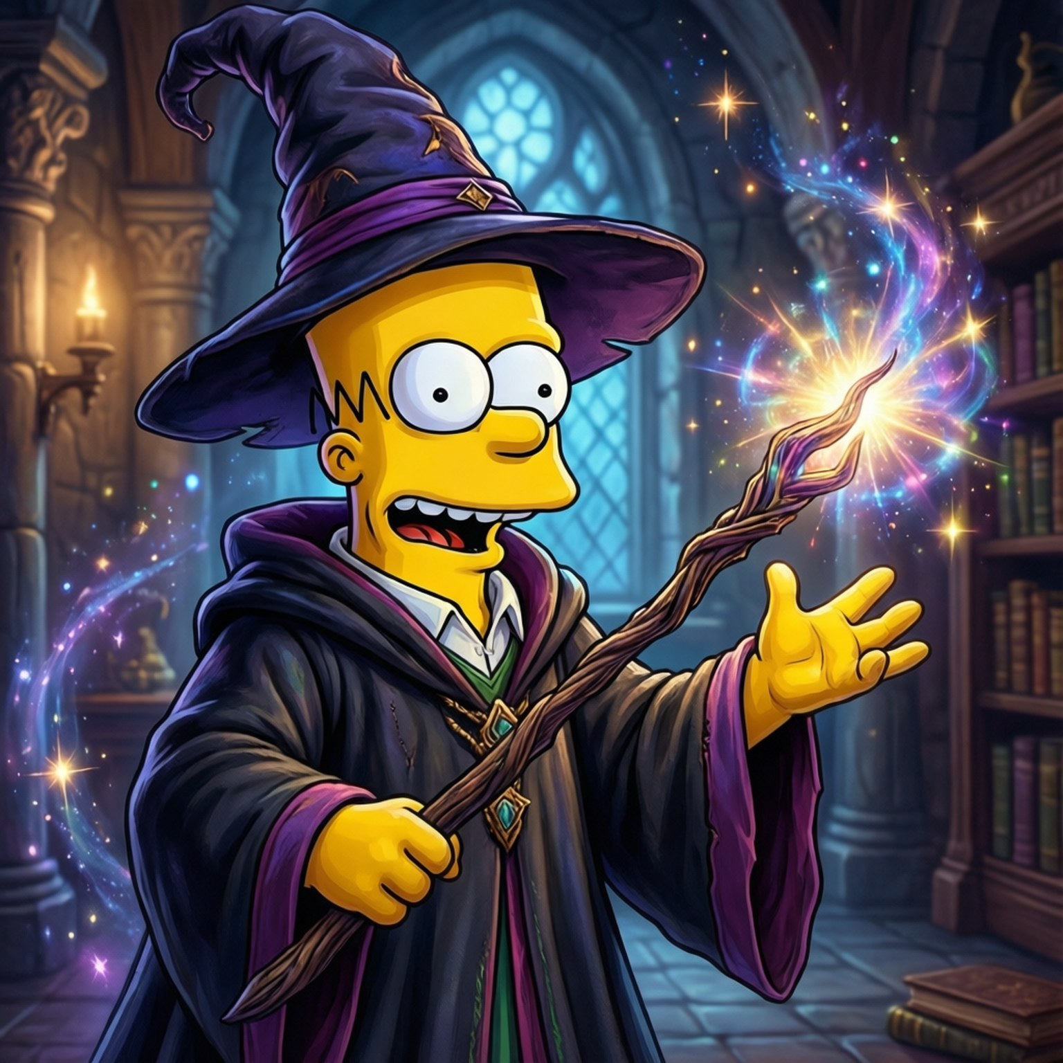 Wizard Bart Simpson 壁紙 — 巴特·辛普森穿著巫師袍和帽子，在哥德式圖書館中施展閃閃發光的魔法咒語。