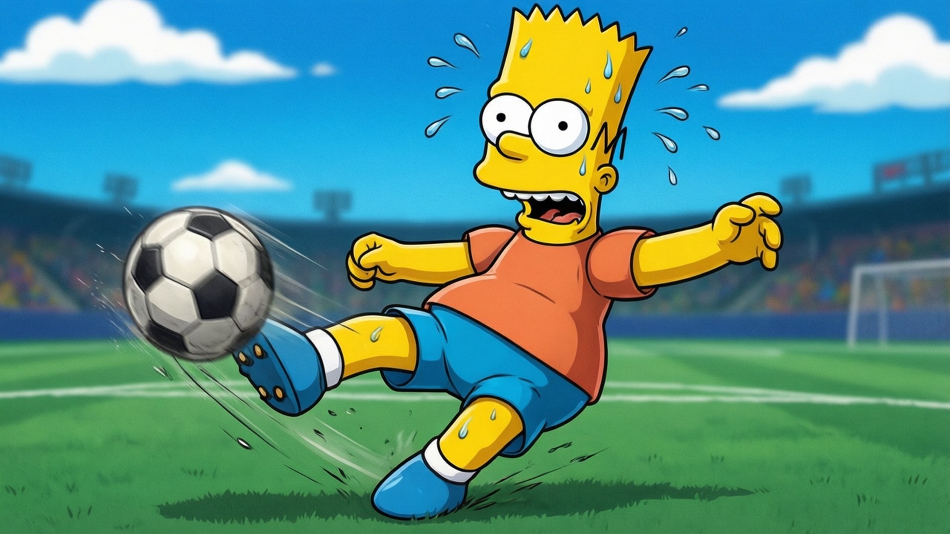 Soccer Bart Simpson 壁紙 — 巴特·辛普森在明亮的藍天下，在充滿活力的綠色球場上用力踢足球。