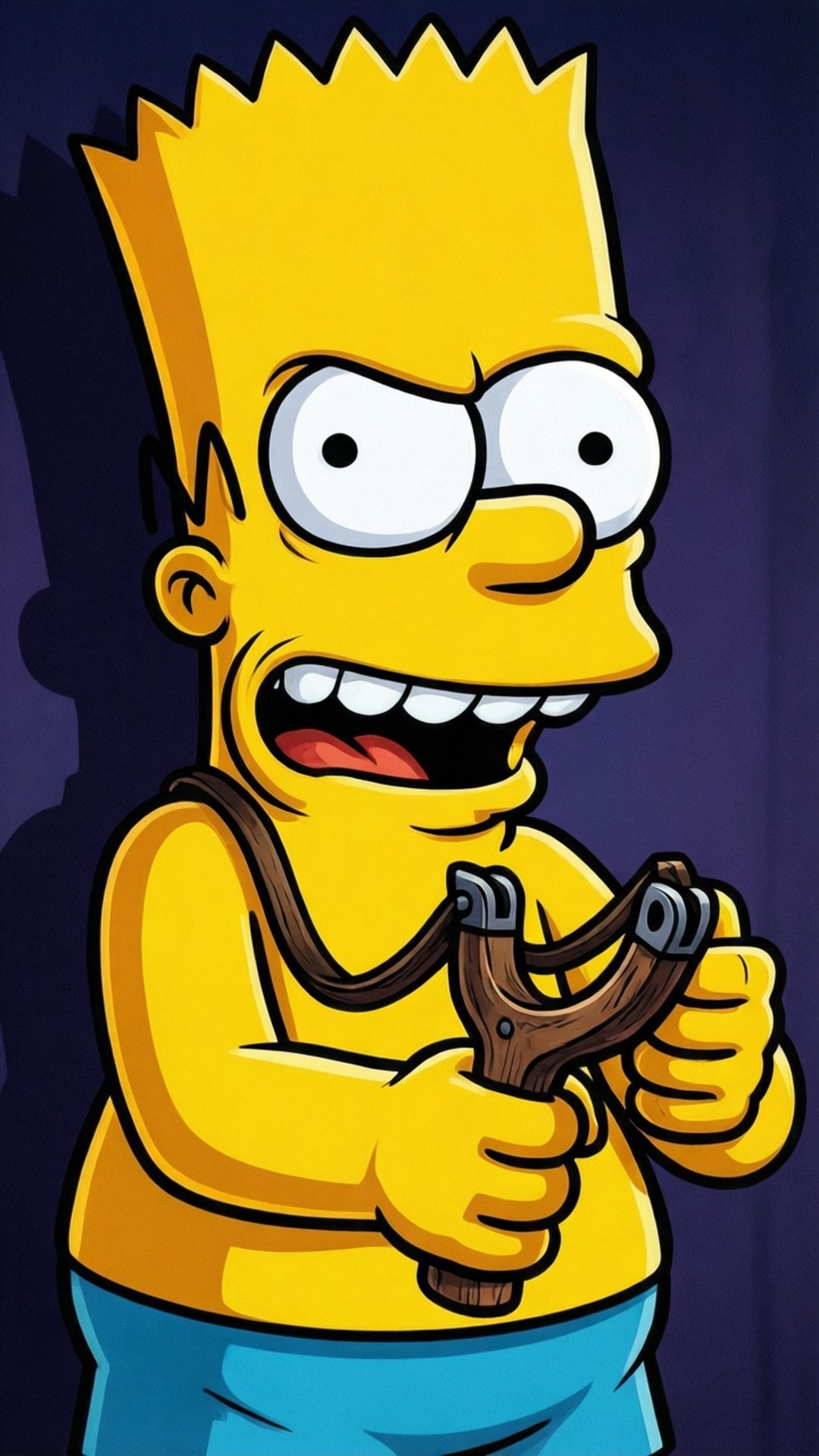 Mischievous Slingshot Bart 壁紙 — 巴特·辛普森在深紫色背景前，拿著木製彈弓，露出頑皮的笑容。