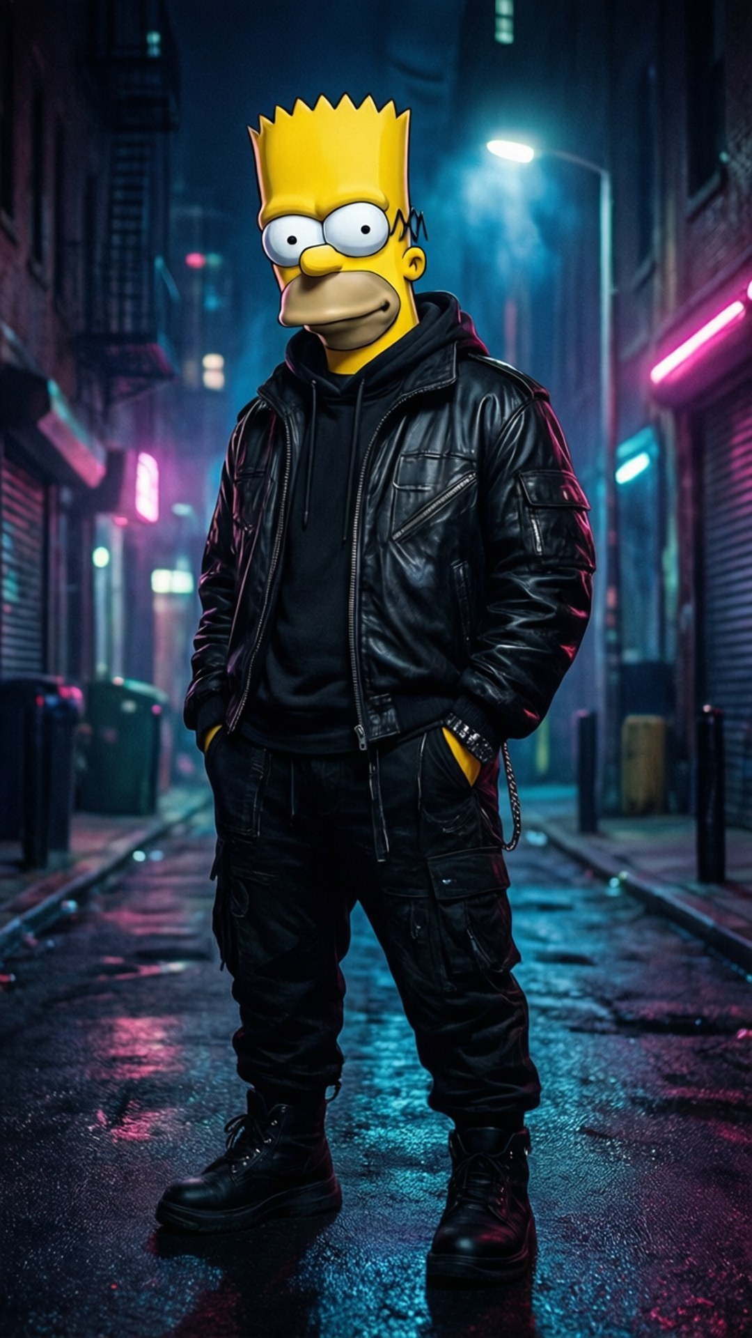 Dark Cyberpunk Bart 壁紙 — 巴特·辛普森站在一條霓虹燈照亮、雨水浸濕的小巷中，穿著黑色皮夾克和工裝褲。