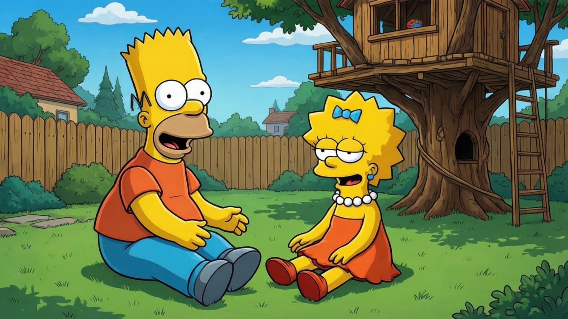 Bart and Lisa Play 壁紙 — 巴特·辛普森坐在草地上大笑，旁邊是麗莎·辛普森，附近有一個樹屋，在陽光明媚的郊區後院。