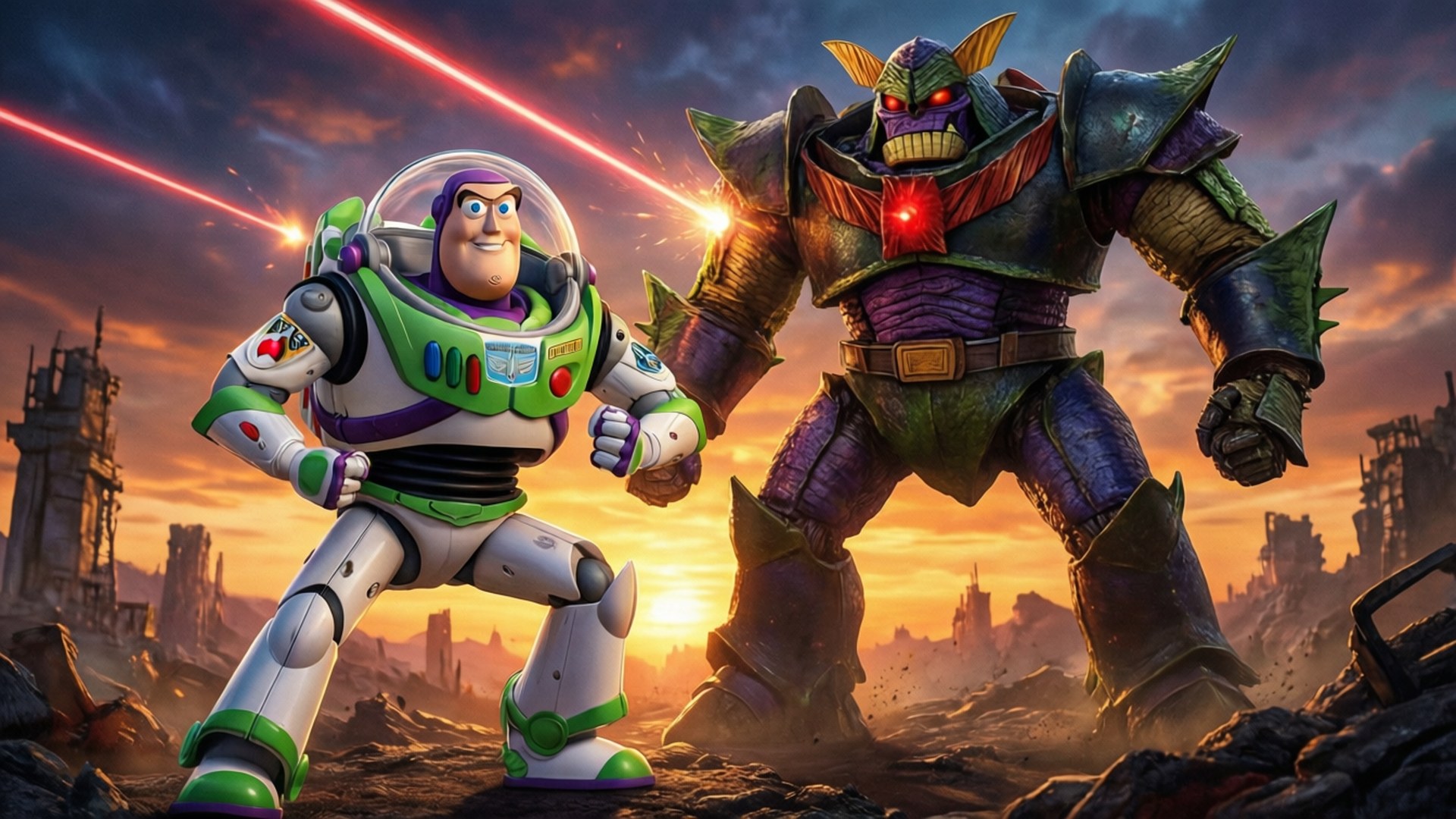 Buzz Lightyear vs Zurg 壁紙 — 巴斯光年在日落時分英勇地站在廢墟城市中對抗一個巨大的裝甲反派。