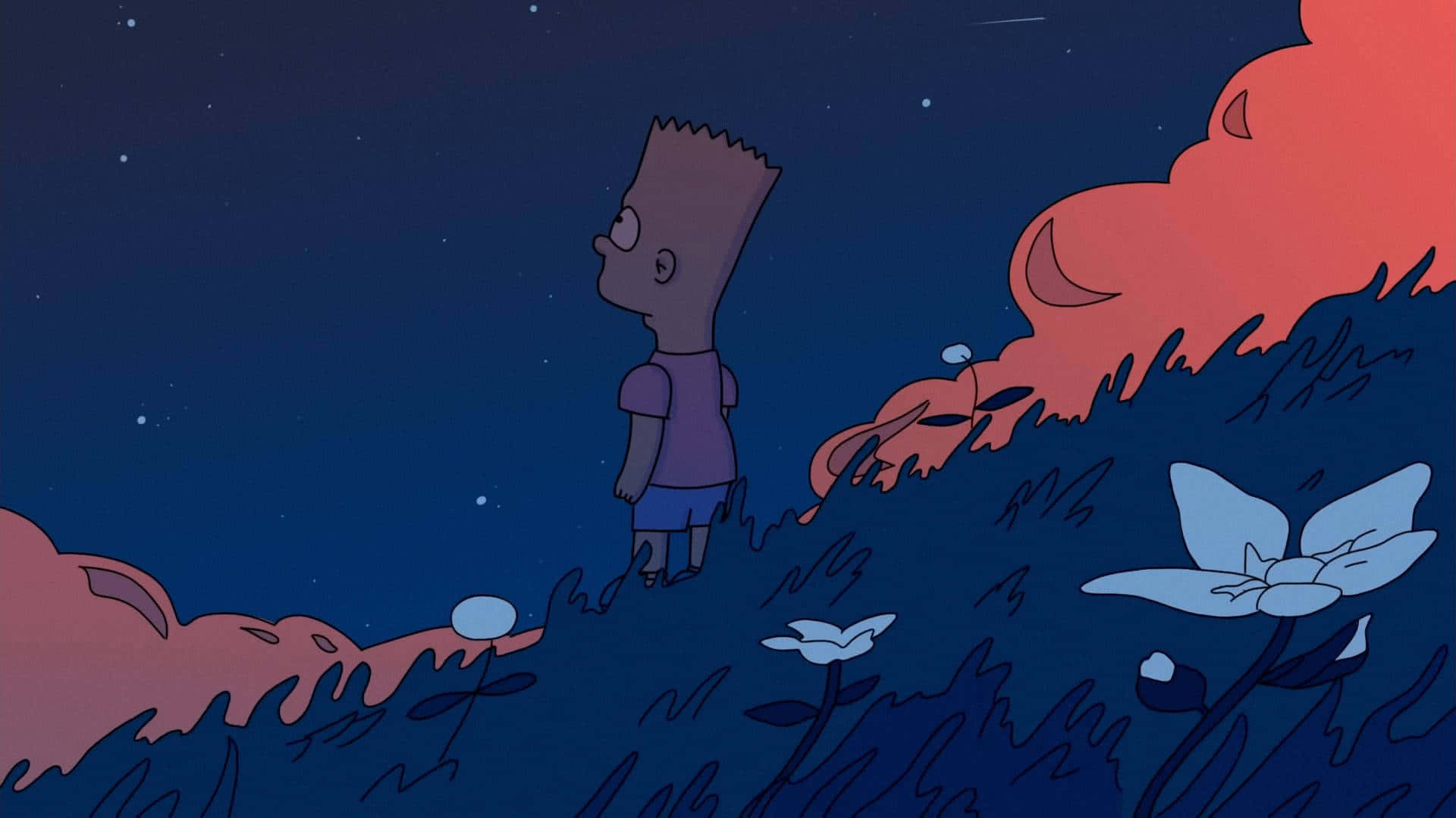  壁紙 — 巴特·辛普森獨自站在一個小山丘上，背景是繁星點點的夜空、發光的紅雲和白色花朵。