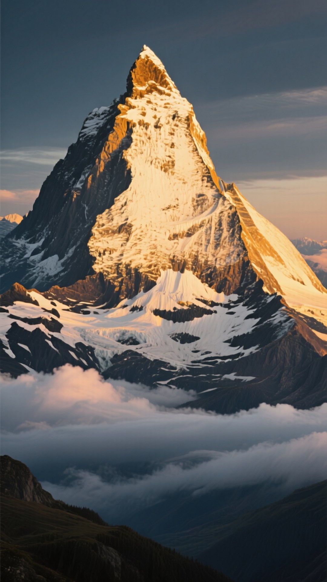 Mountain Peak Vertical 壁紙 — 白雪覆蓋的山峰穿透沐浴在金色日出光芒中的雲層。