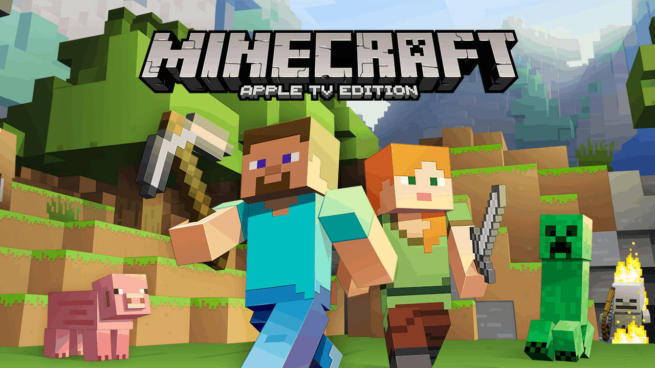 Minecraft角色Steve、Alex和苦力怕在一個有豬和火把的像素化世界中。 — 我的世界苦力怕 壁紙