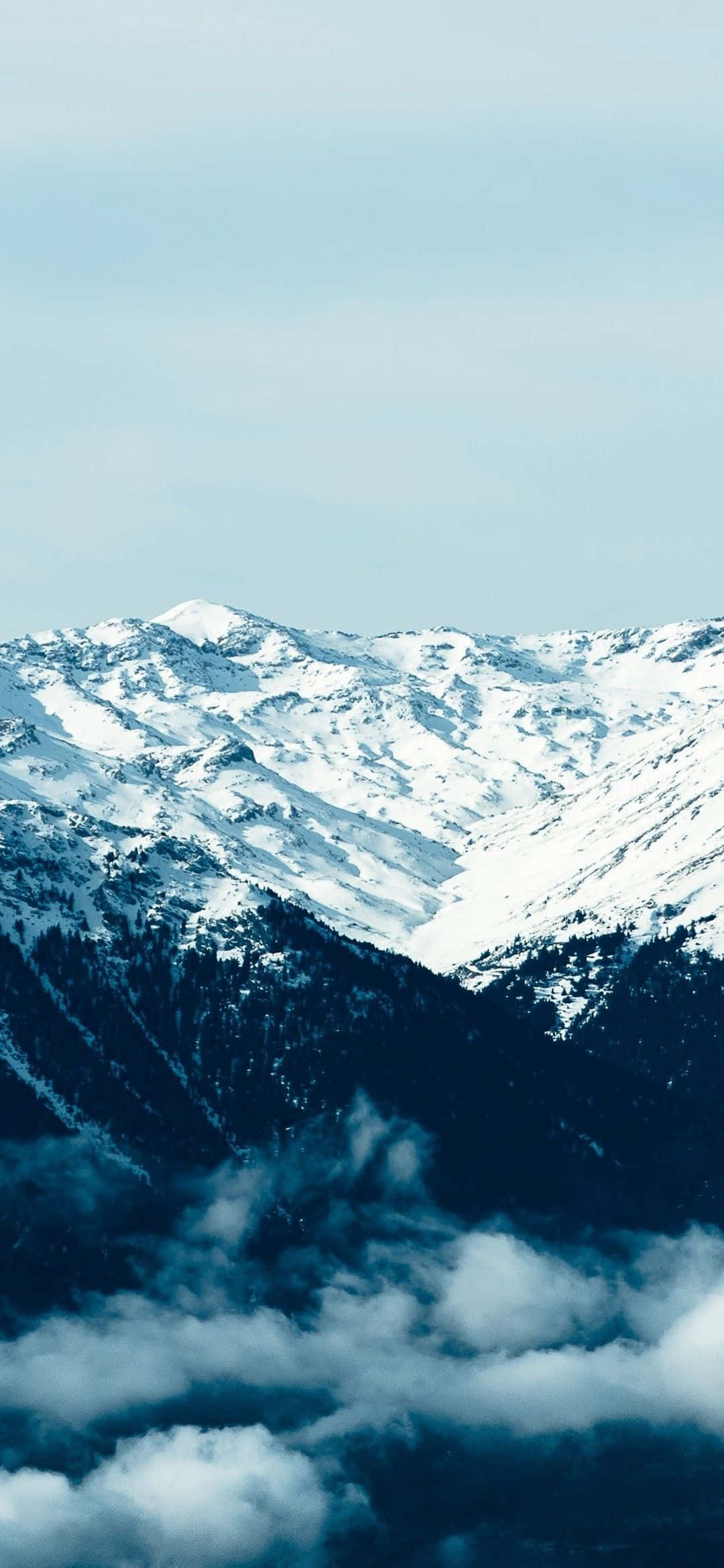 白雪皚皚的山脈在晴朗天空下聳立於霧雲之上。 — iPhone 13 Pro 壁紙