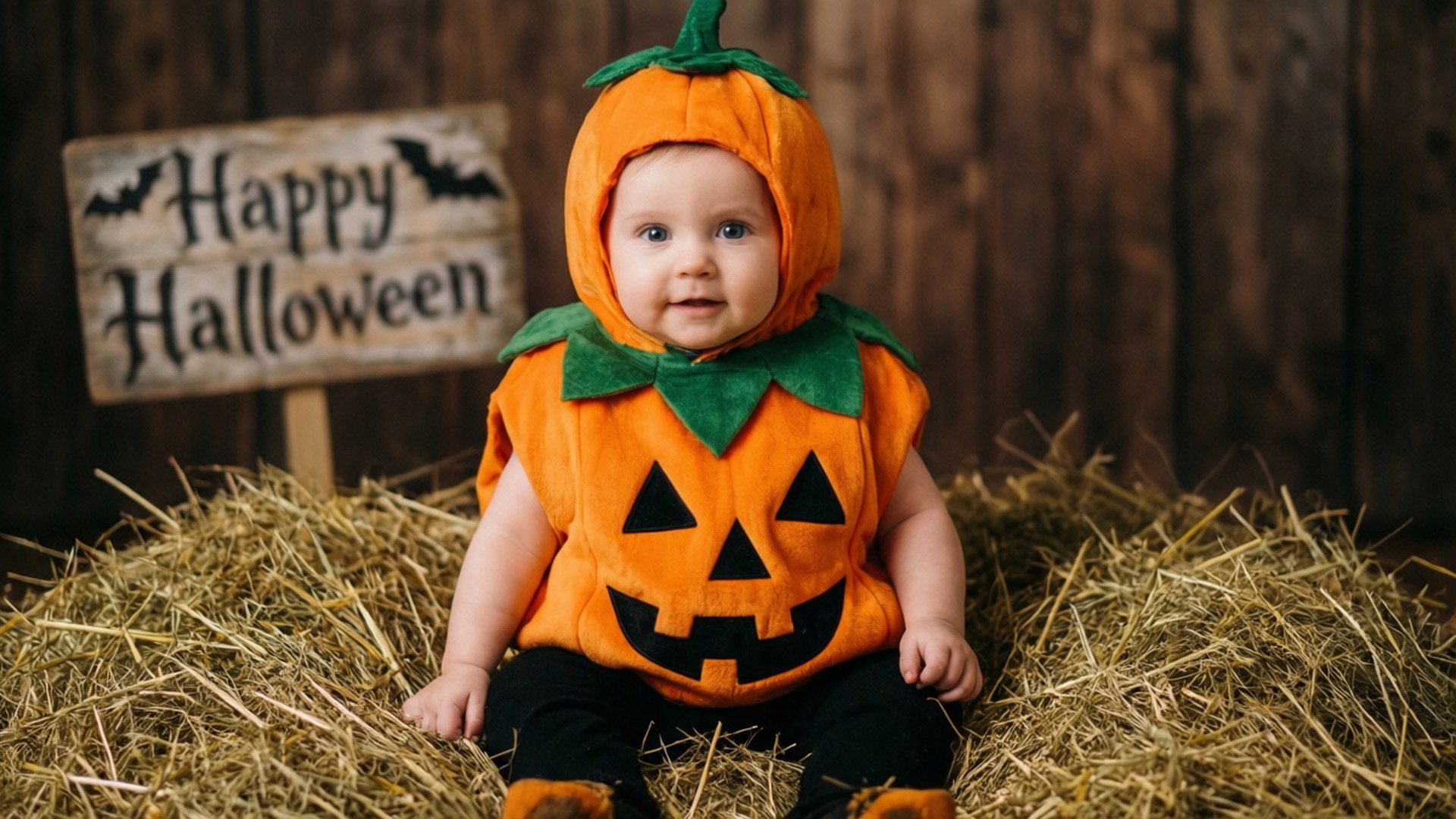 Baby Pumpkin in Hay 壁紙 — 一個穿著橙色南瓜服裝、帶有綠色莖和葉子的嬰兒坐在乾草上，前面有一個木製的「Happy Halloween」標誌。