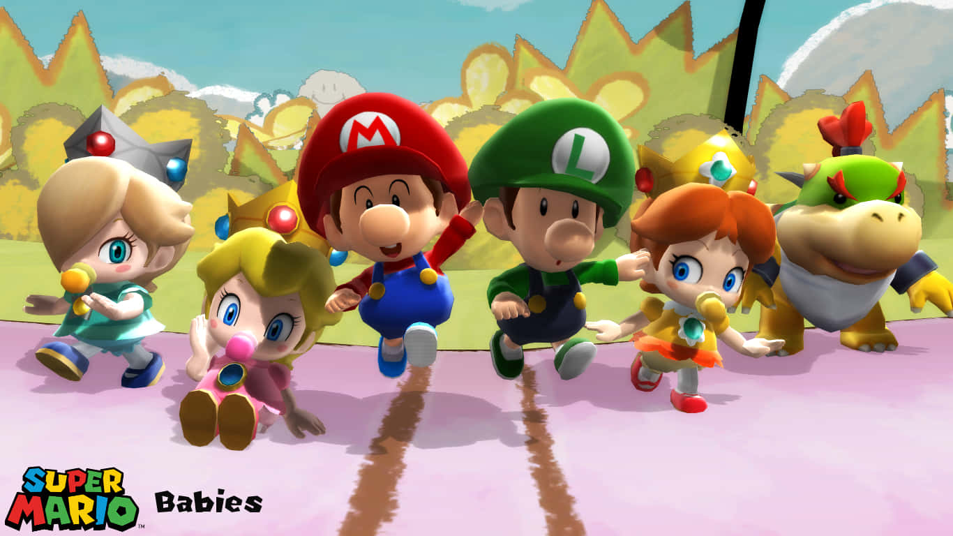Baby Luigi 桌布 壁紙 — Baby Mario、Luigi、Peach、Daisy、Bowser Jr. 和 Toadette 在粉紅色賽道上快樂地奔跑，身後有黃色的山丘。