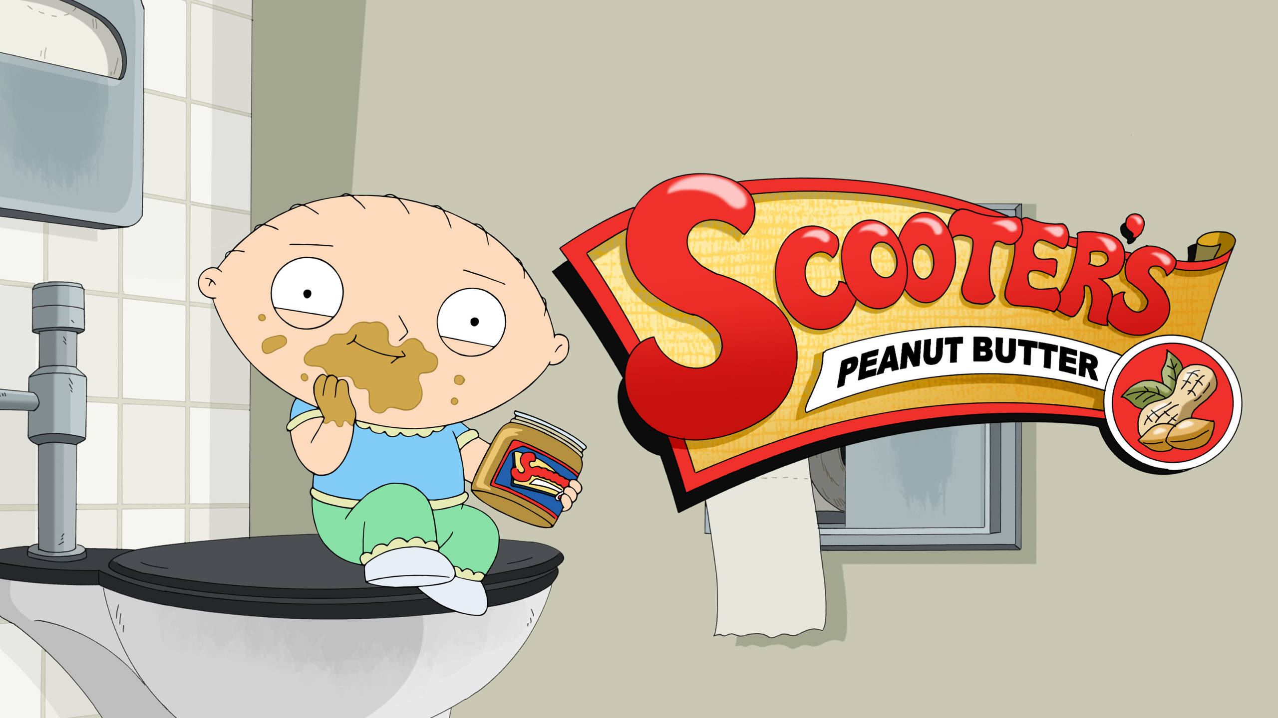 蓋酷家庭 桌布 壁紙 — BB Stewie Griffin 坐在馬桶上，全身沾滿花生醬，同時手持一罐 Scooter's Peanut Butter 在浴室內。