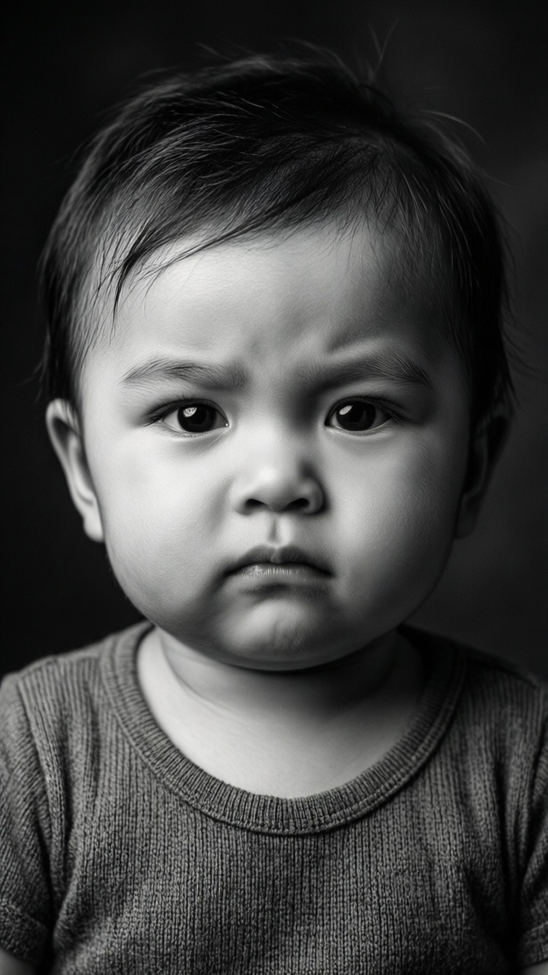 Serious Studio Portrait 壁紙 — 一張黑白肖像，嬰兒皺著眉頭、嘟著嘴，直視鏡頭。