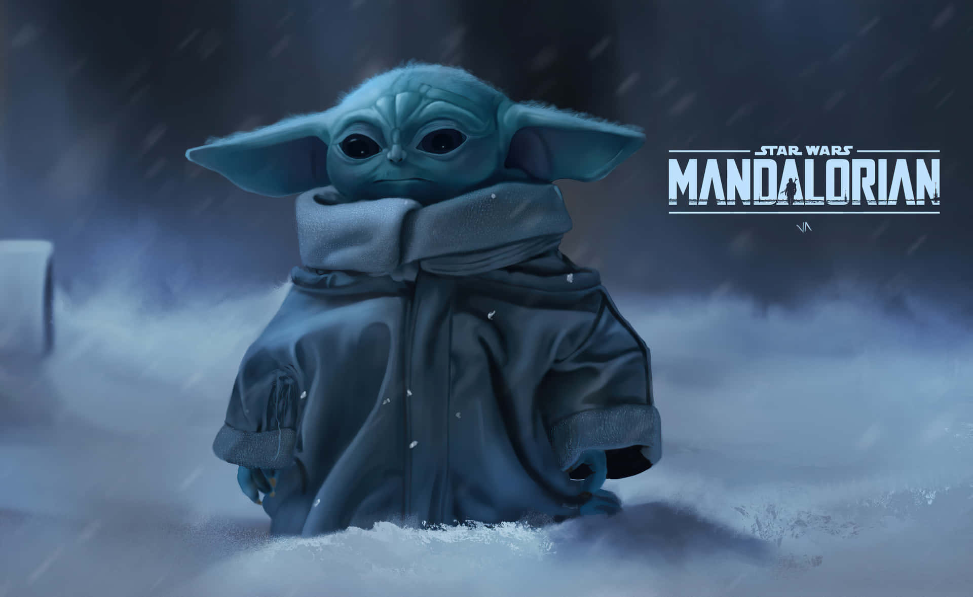 Baby Yoda 在暴風雪中穿著連帽外套。