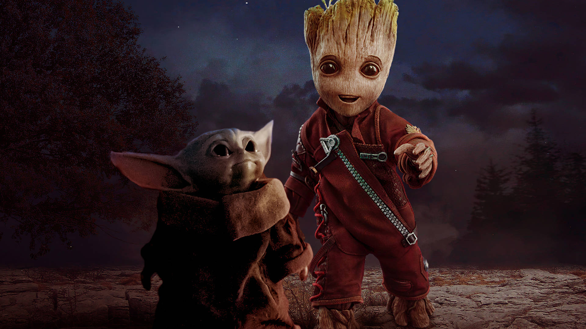 Cool 桌布 壁紙 — Baby Yoda 和 Groot 一起站在星空下的霧氣森林空地中。