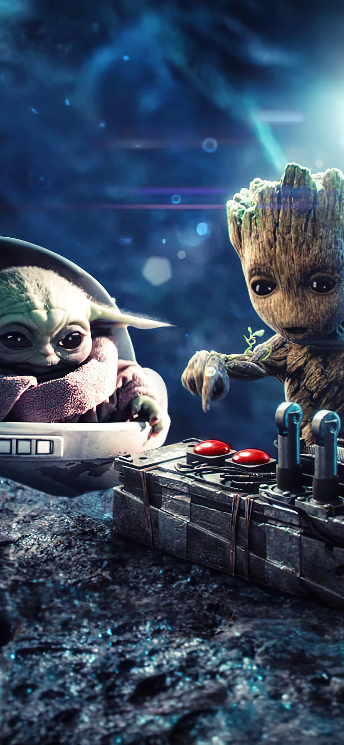 Baby Yoda Phone 桌布 壁紙 — Baby Yoda 和 Groot 一起坐在岩石表面上，背景是宇宙，有發光的燈光和星星。