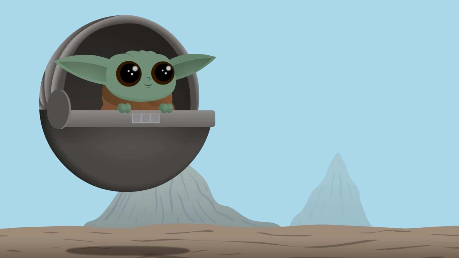 Baby Yoda Cartoon 桌布 壁紙 — Baby Yoda 在一個圓形莢艙中好奇地窺視，背景是沙漠，遠處有山脈，天空是淡藍色。