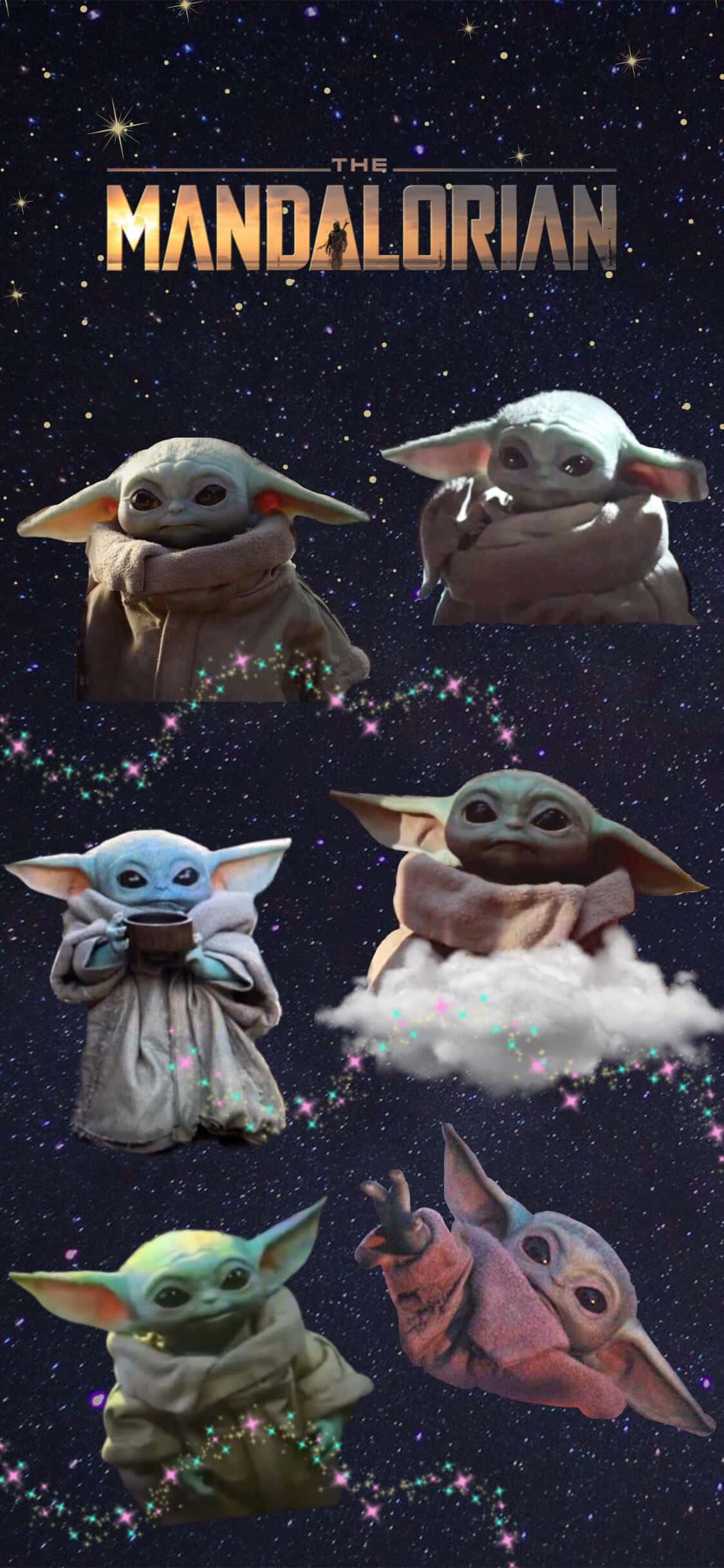 Baby Yoda Cartoon 桌布 壁紙 — Baby Yoda 在星空宇宙中漂浮，穿著不同顏色的斗篷，拼貼畫中有「The Mandalorian」標題。