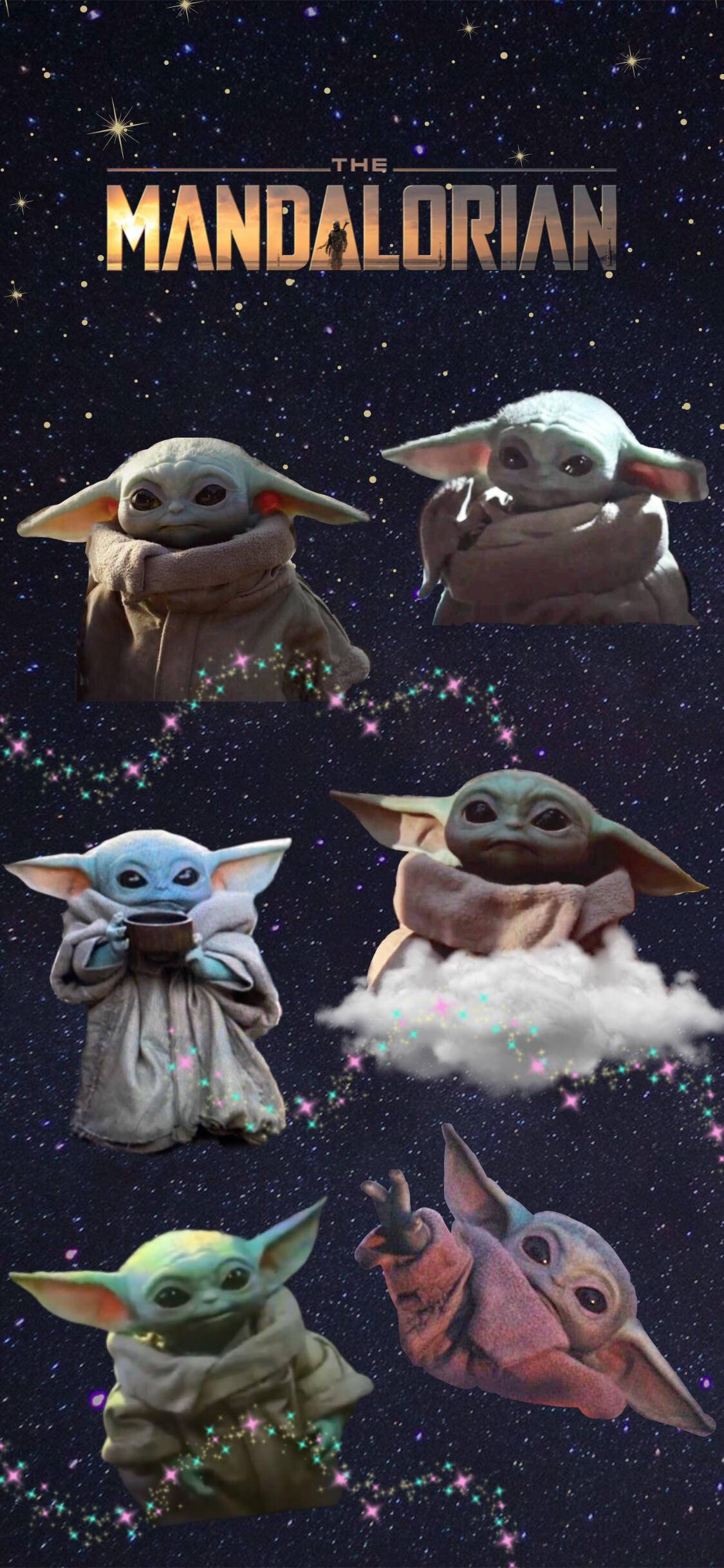 尤達寶寶 桌布 壁紙 — Baby Yoda 在星空空間中漂浮，六個姿勢穿著不同顏色的斗篷並拿著杯子。