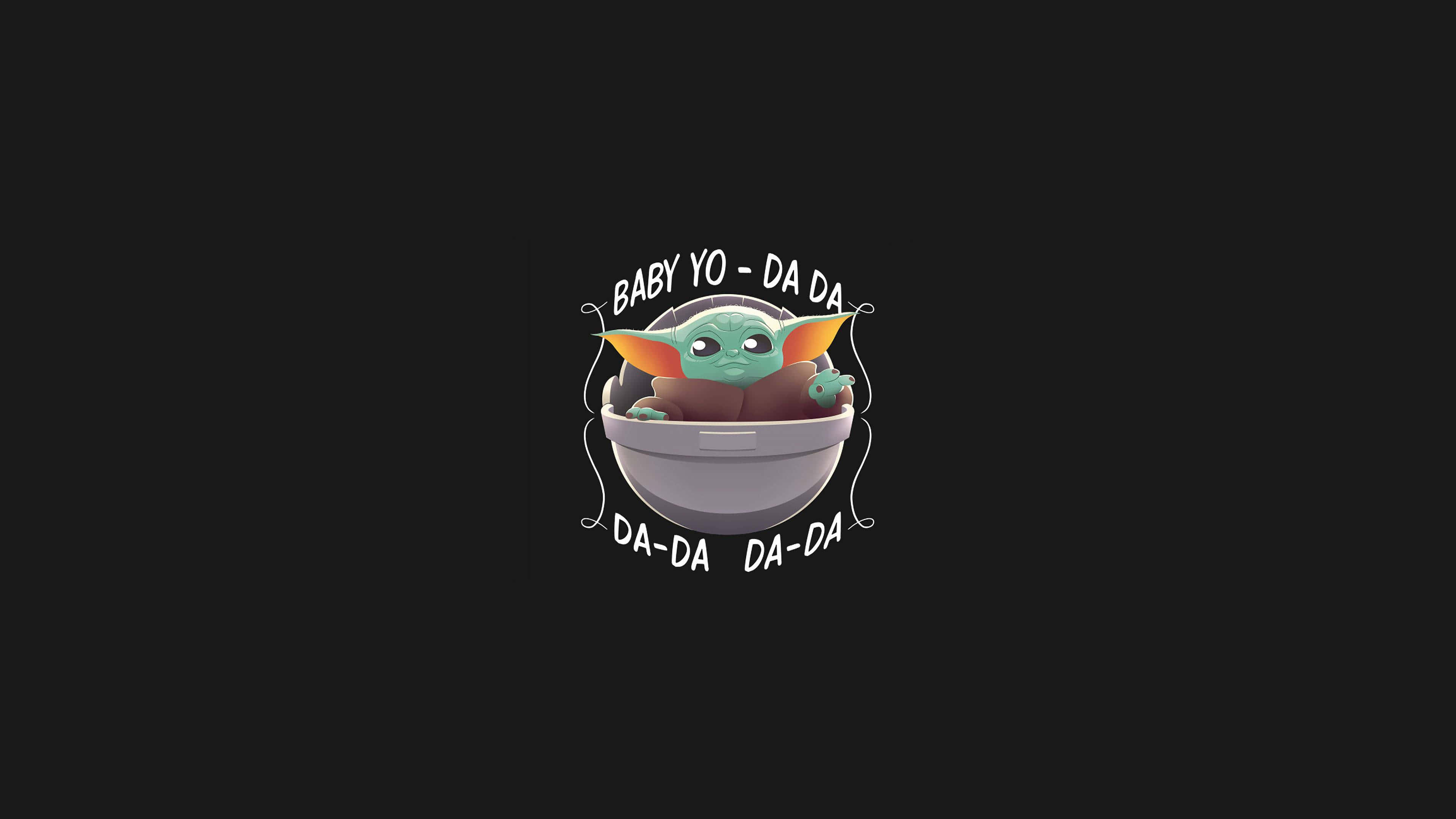 Baby Yoda Aesthetic 桌布 壁紙 — Baby Yoda 坐在一個灰色莢艙中，周圍有俏皮文字，背景為純黑色。