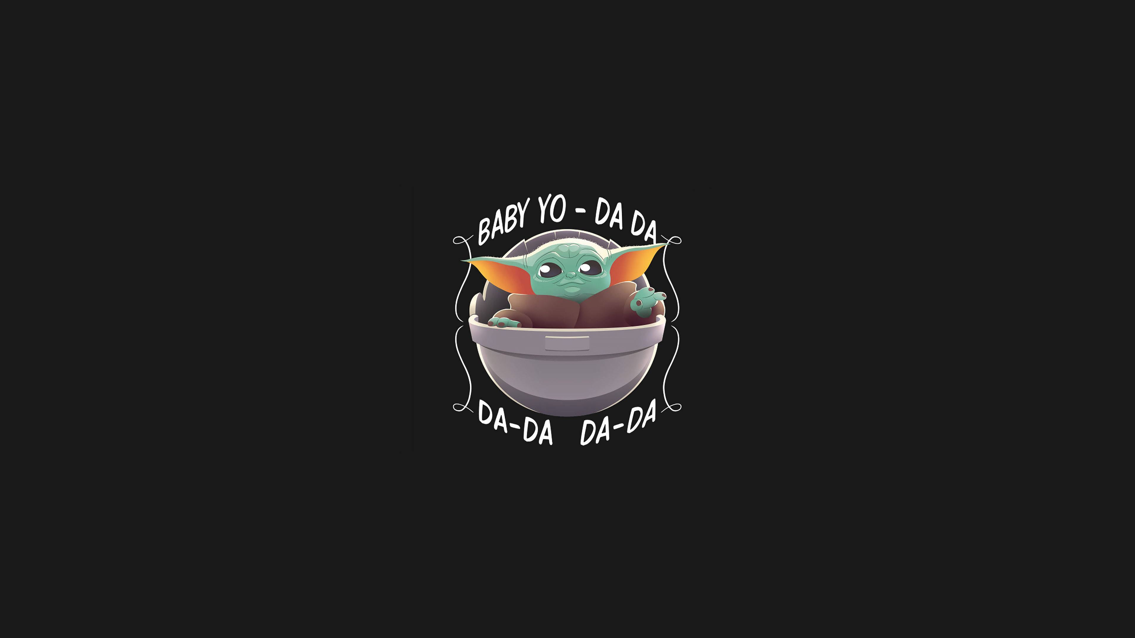 尤達寶寶 桌布 壁紙 — Baby Yoda 坐在灰色吊艙中，周圍有俏皮文字旋轉，背景為純黑色。