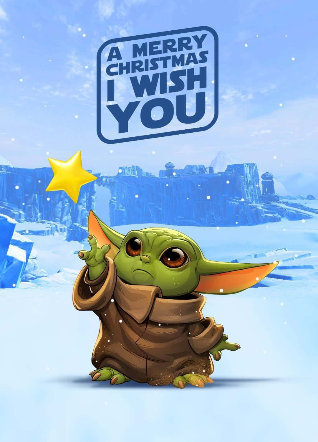 Christmas Card 桌布 壁紙 — Baby Yoda 坐在雪地風景中，星空下，上方有 'Merry Christmas I Wish You' 標牌。
