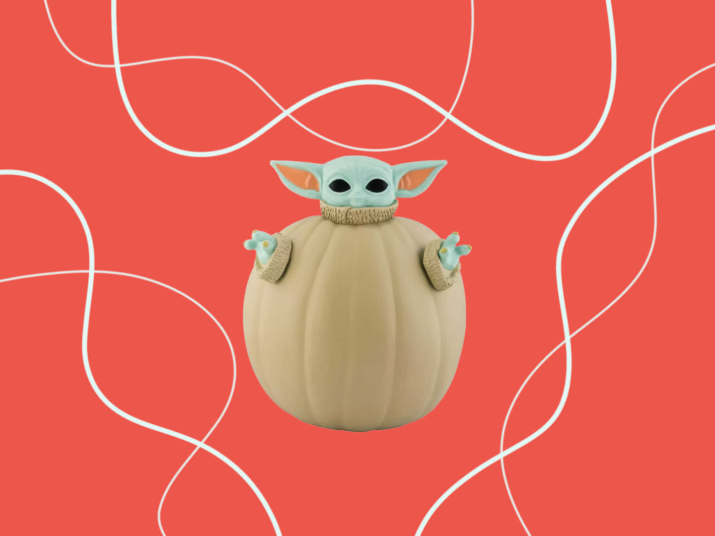 尤達寶寶 桌布 壁紙 — Baby Yoda 從米黃色南瓜中探出頭來，背景是珊瑚色，帶有白色漩渦線條。