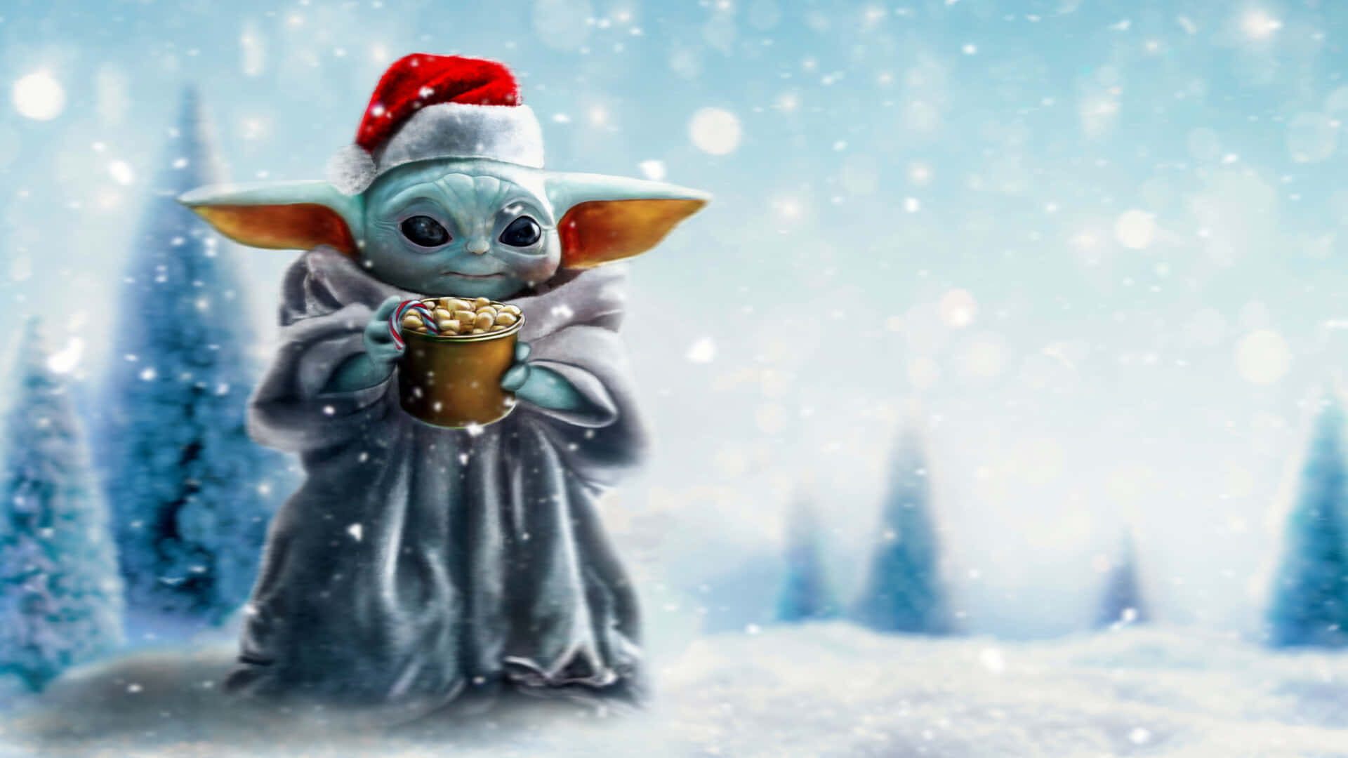 Snowy Christmas 桌布 壁紙 — Baby Yoda 戴著紅色聖誕帽，在雪花飄落的雪地森林中手持一杯熱可可。
