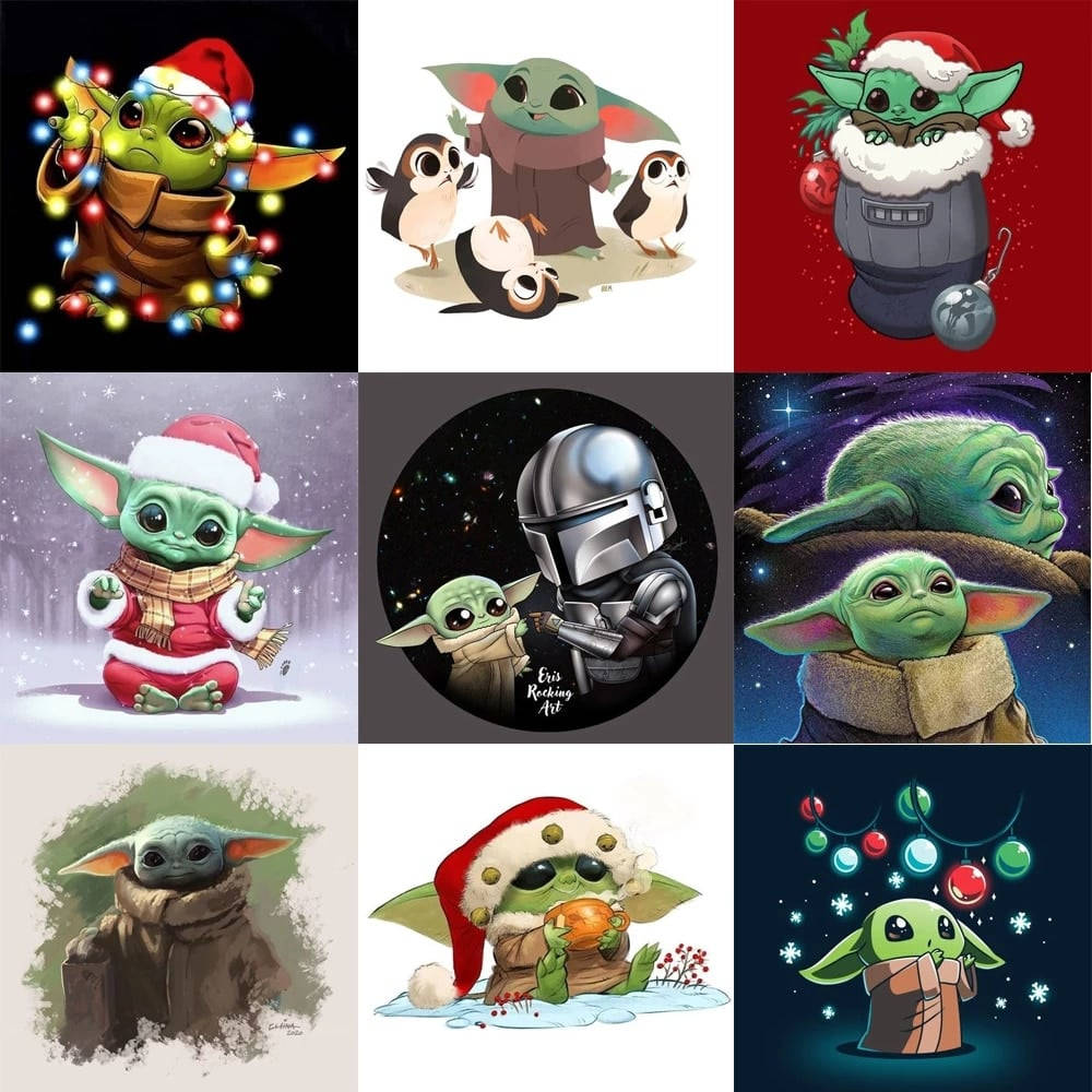 merry 桌布 壁紙 — Baby Yoda 穿著節日服裝，搭配聖誕燈飾和雪花，呈現九幅迷人的插圖。