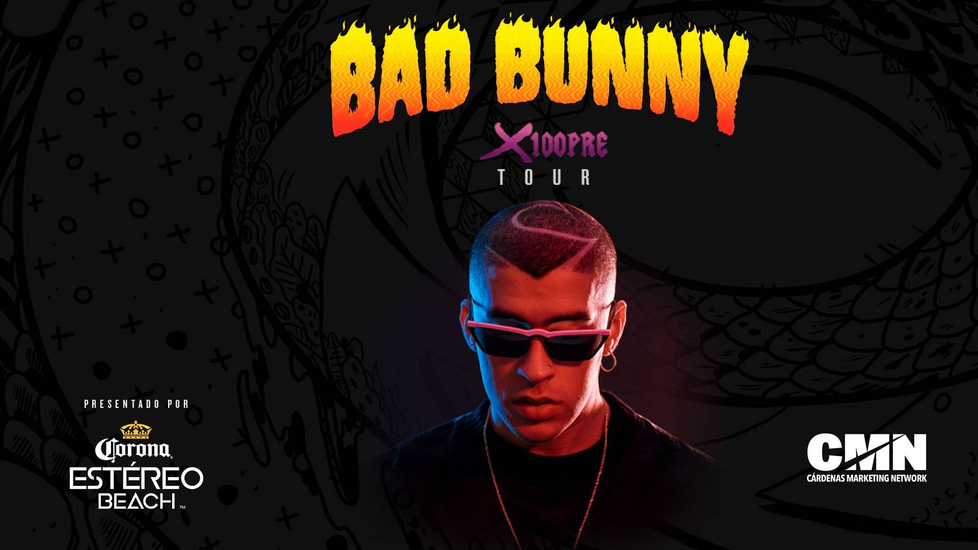 bad 桌布 壁紙 — Bad Bunny 戴著粉紅色太陽眼鏡，背景黑暗，帶有火橙色文字和龍紋身藝術。