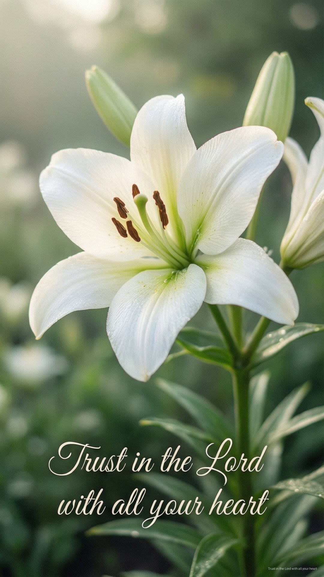 Trust in Bloom 壁紙 — 一朵純潔的白百合在晨光中柔和綻放，葉上有露珠，並有經文文字：你要專心仰賴耶和華。