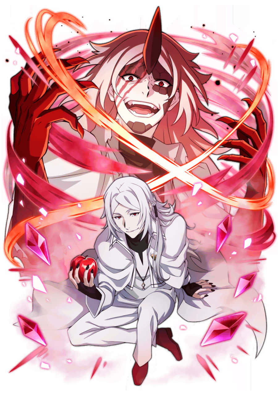 Shibusawa Tatsuhiko 桌布 壁紙 — 一個白髮動漫角色跪著拿著一個紅蘋果，而一個紅髮有角和發光眼睛的惡魔用旋轉的能量刀片攻擊。