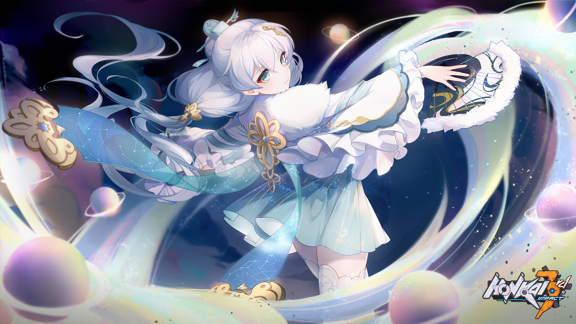 白髮動漫女孩在帶有漂浮行星的宇宙場景中揮舞發光的劍。 — 崩壞：星穹鐵道 壁紙