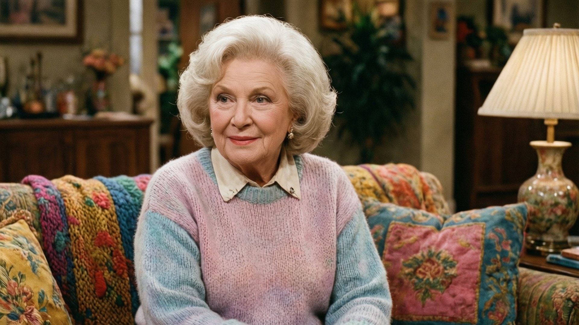 Rose Nylund at Home 壁紙 — 一位白髮老婦人坐在色彩繽紛的花卉沙發上微笑，客廳燈光溫暖。