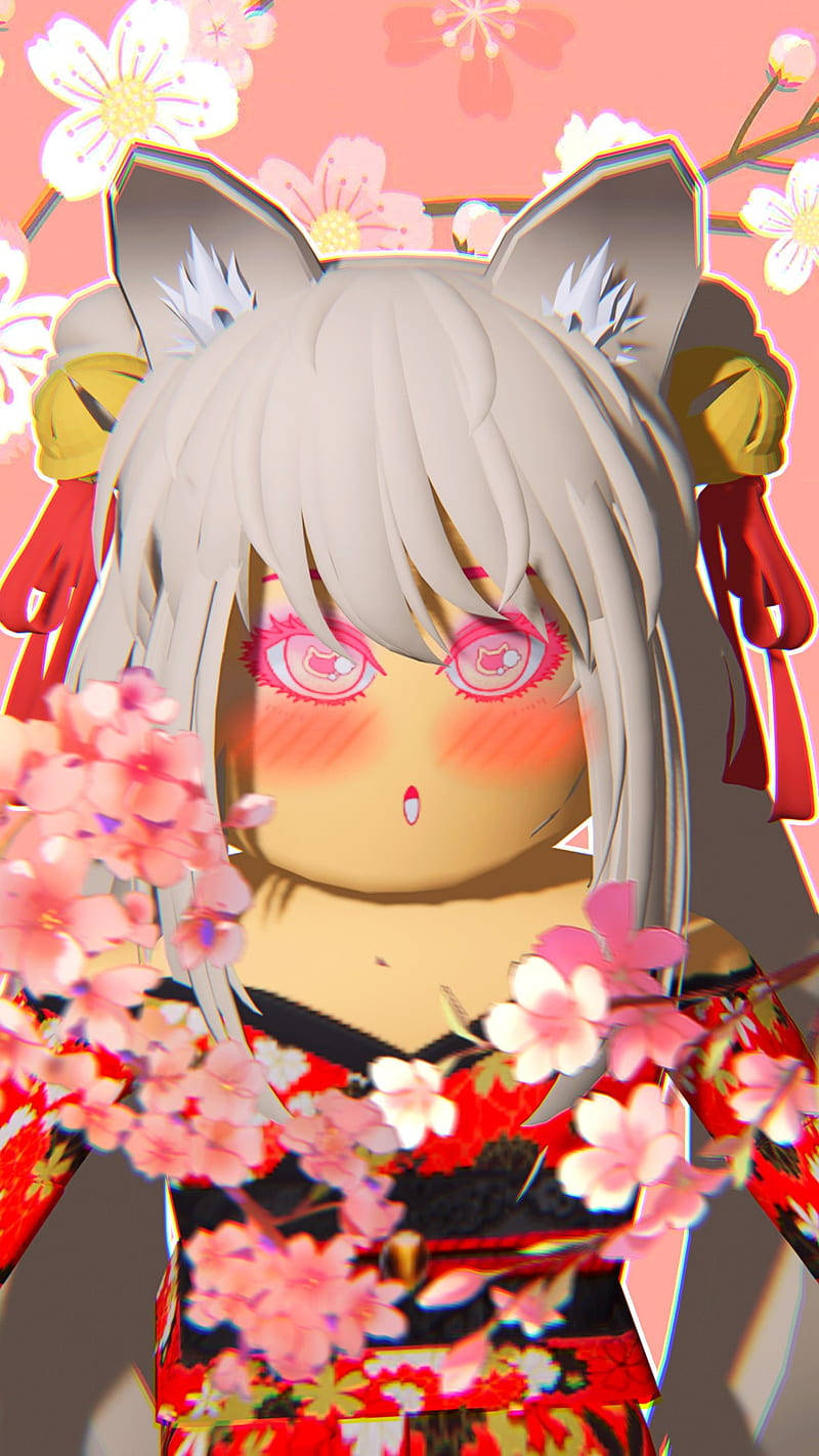 貓耳動漫少女穿著紅色花卉和服，被櫻花環繞。 — Roblox 壁紙