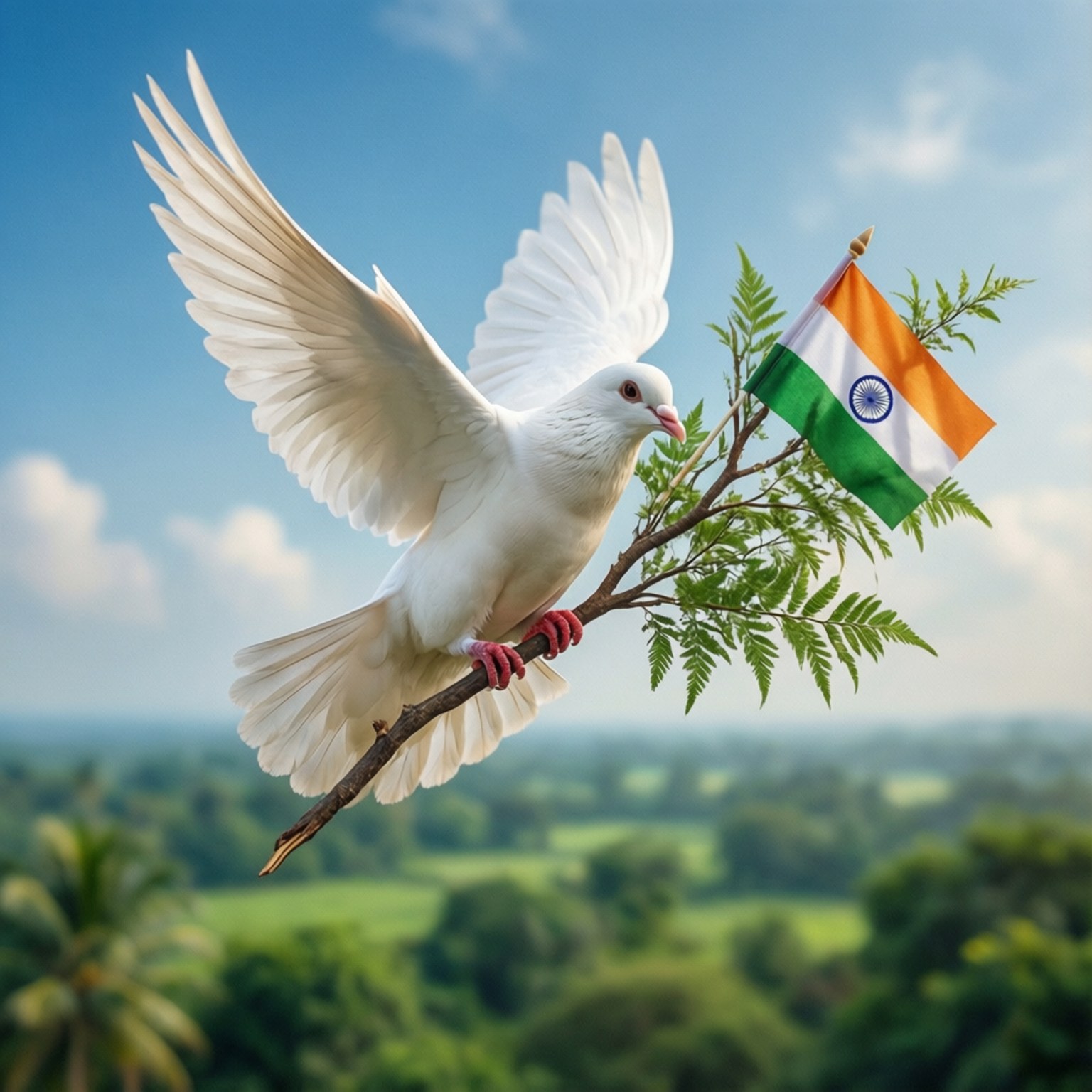 Dove of Peace 壁紙 — 一隻白鴿展開翅膀棲息在枝葉茂密的樹枝上，手持印度國旗，背景是明亮的藍天。