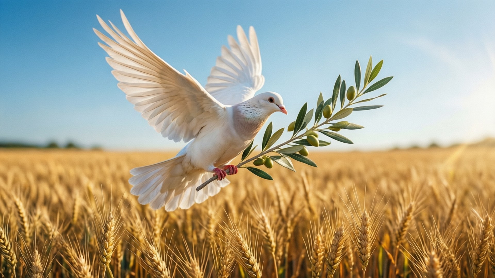 Dove of Peace 壁紙 — 一隻白鴿展開翅膀，叼著橄欖枝，在金色麥田上空飛翔，背景是清澈的藍天。