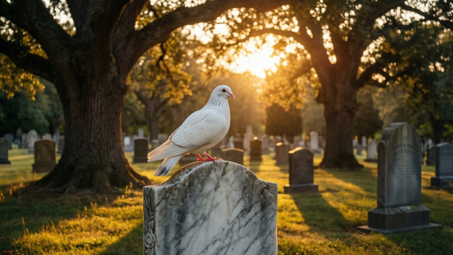 Rest In Peace 桌布 壁紙 — 一隻白鴿安詳地棲息在大理石墓碑上，金色夕陽穿過高聳的樹木，灑落在寧靜的墓園中。