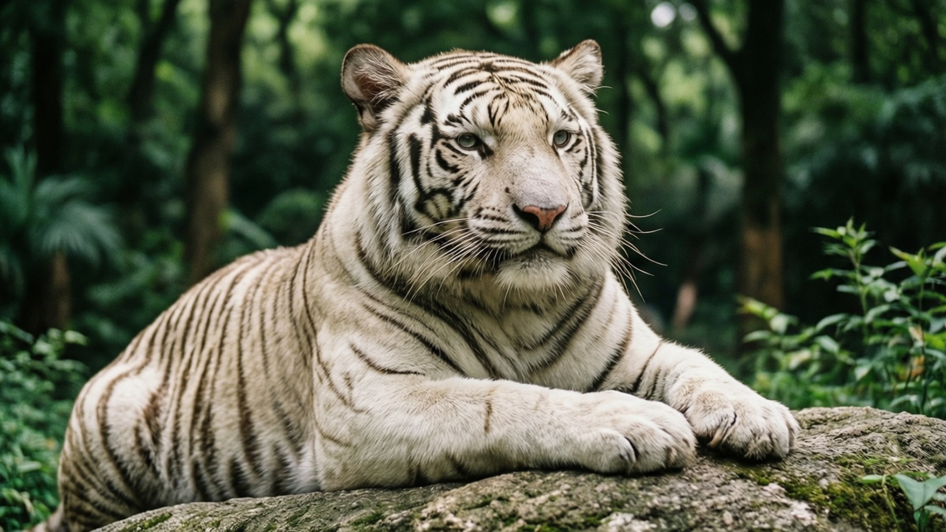 White Tiger of Chimelong 壁紙 — 一隻雄偉的白虎帶有黑色條紋，在茂密的綠色森林中平靜地休息在長滿苔蘚的石頭上。